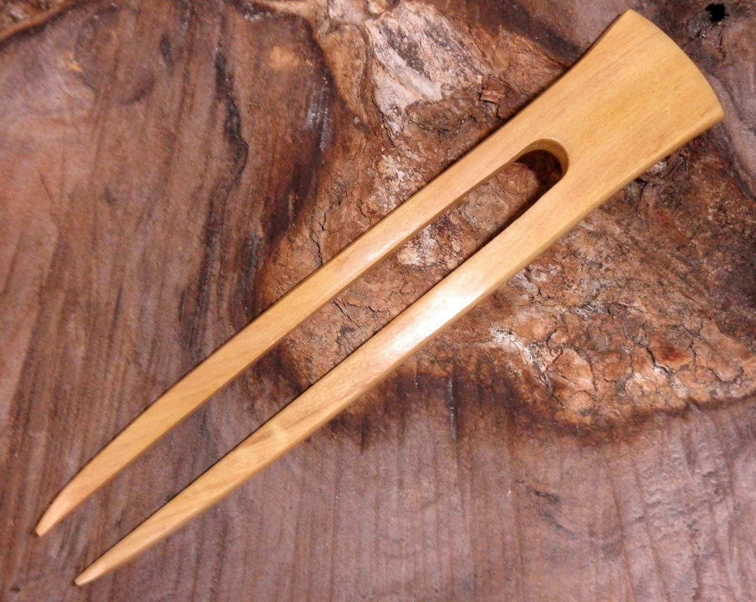 One Yellow Teak Wood Two Prong 6 Inch Straight Hair Stick Pick Pic Pin Fork
