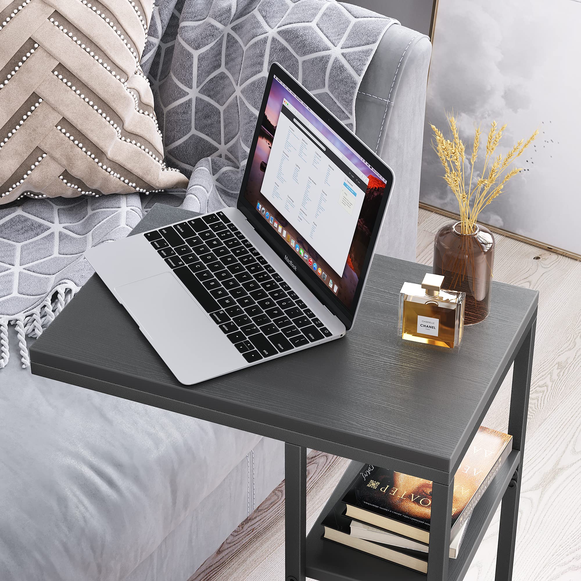 CubiCubi C Shaped End Table, Side Table for Couch and Bed, Rustic Table Living Room Bedroom, Small Table with Metal Frames, Modern Design, Black