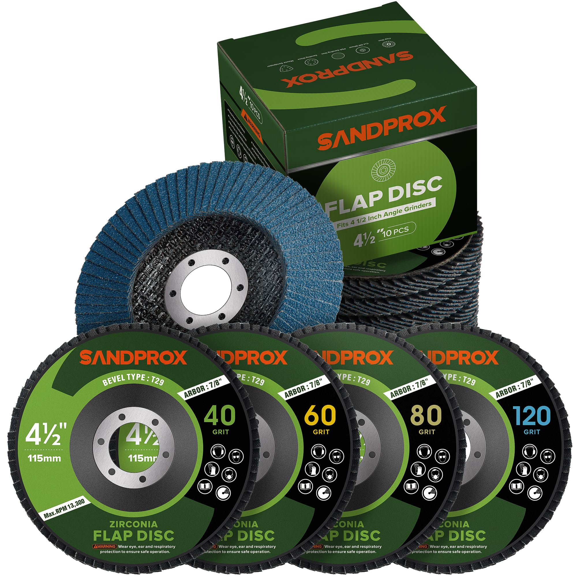 SANDPROX 10 PCS Flap Discs 115mm 40 60 80 120 Grit, Type 29 Zirconia Grinding Discs for Angle Grinder to Metal Wood,Stainless Steel Grinding