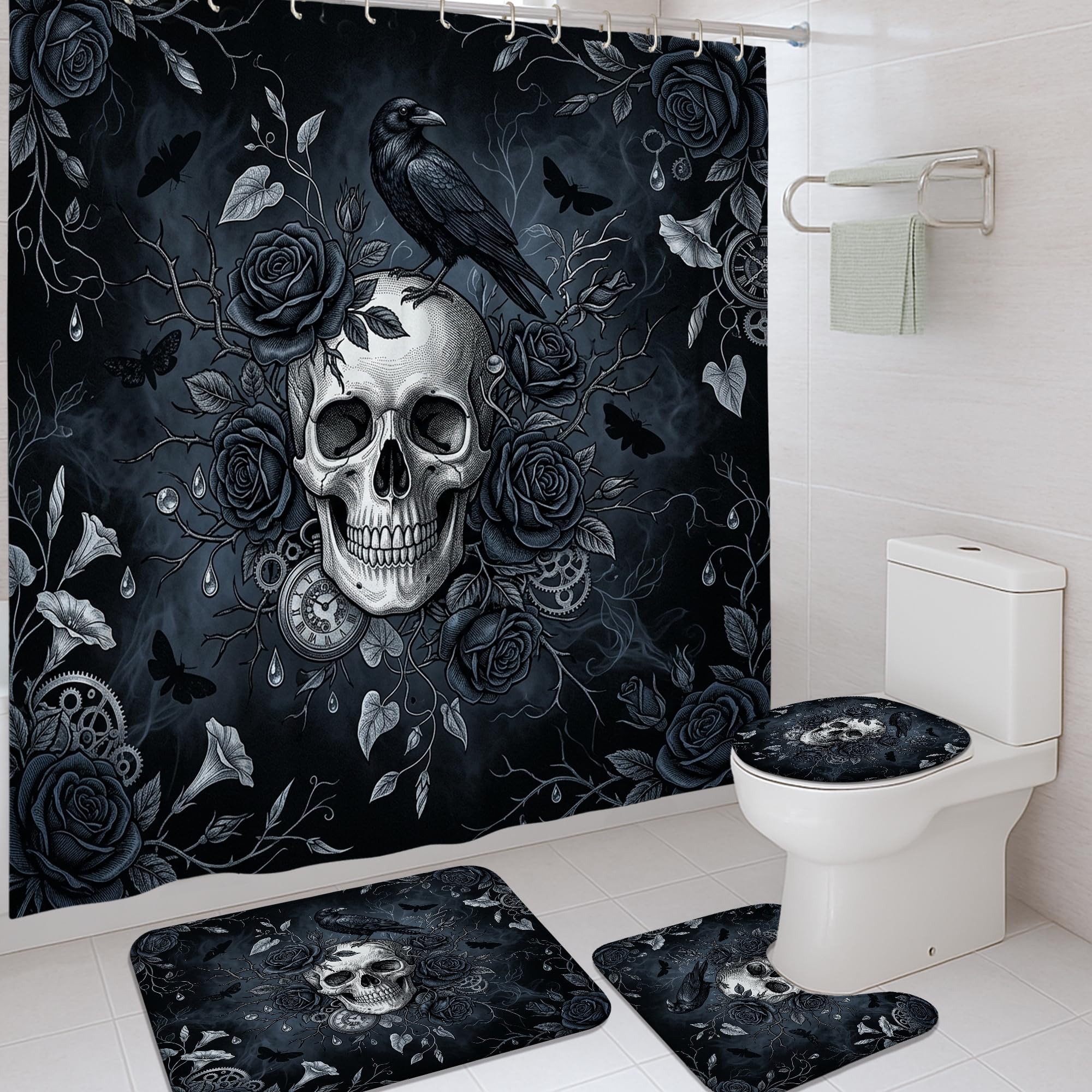 Rideau de douche gothique tête de mort rose et corbeau 183x183 cm