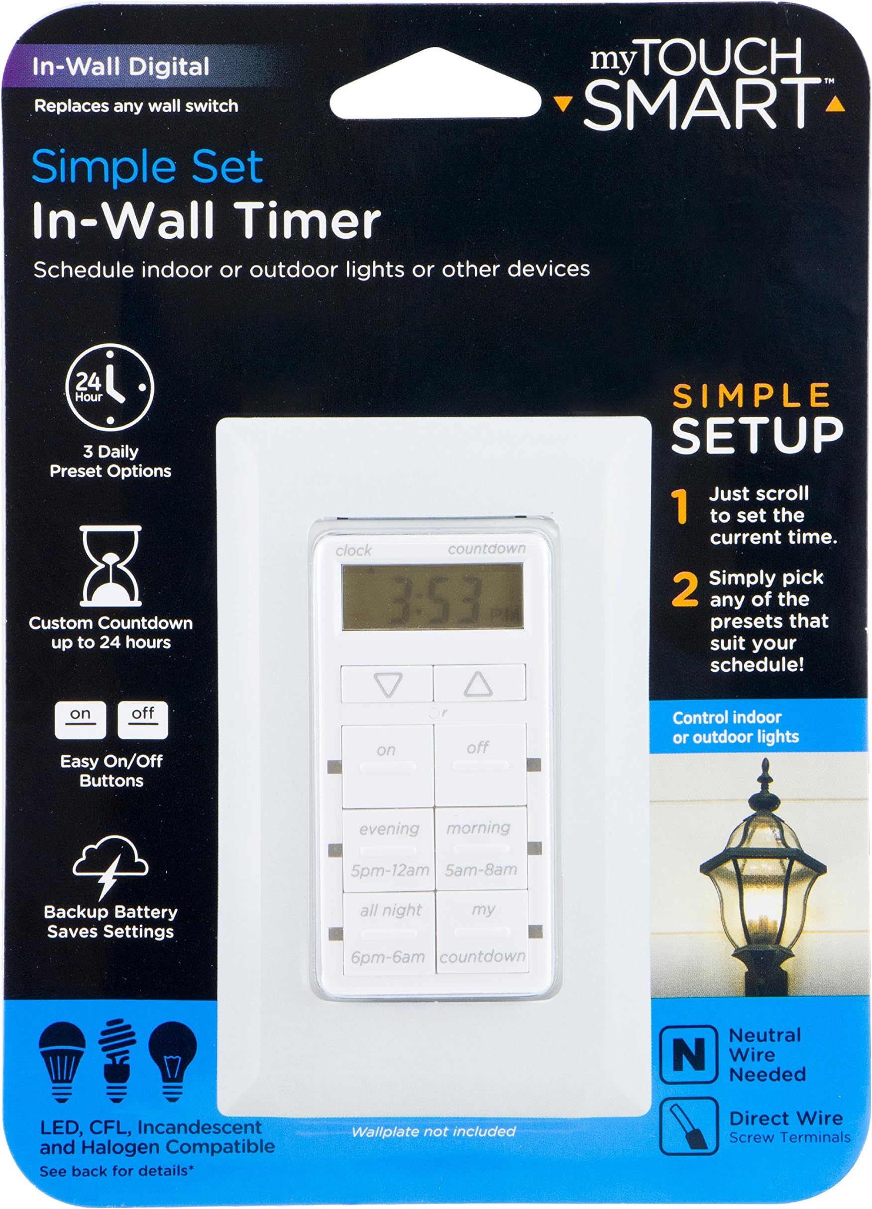 myTouchSmart25055 In- Wall Digital Countdown, 2 Easy On/Off Buttons Timer, White