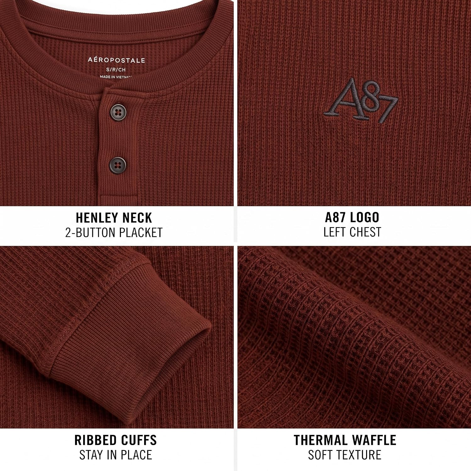 AEROPOSTALE Boys Long Sleeve Thermal Henley, Fleece Waffle Knit (8-16)