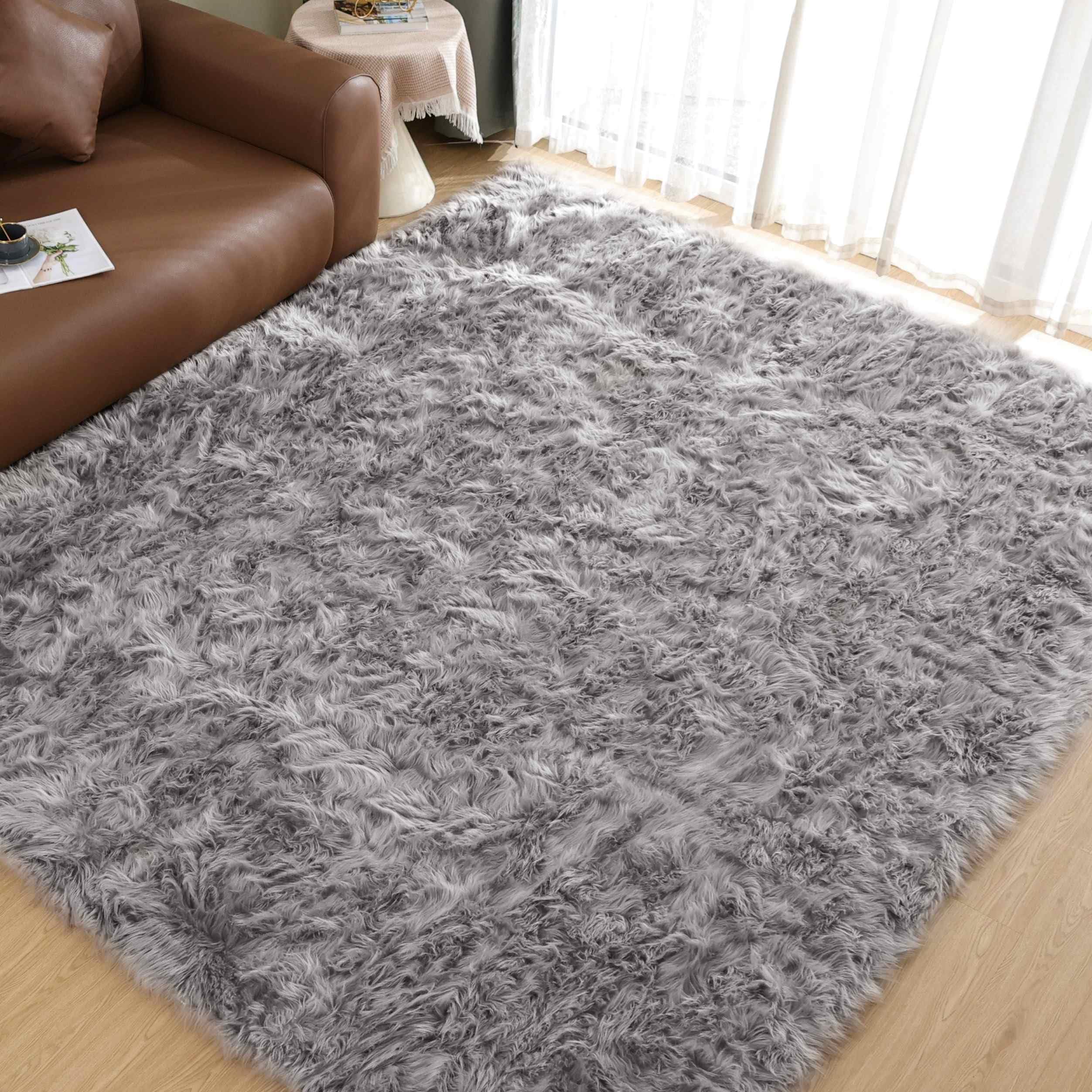 Goolela 8 x 10 Area Faux Fur Fluffy Grey Washable Shag Plush Soft