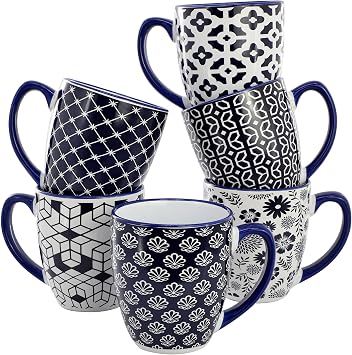 Elama Flyn 6 Piece 16 Ounce Assorted Design Stoneware Mug Set in Navy Blue and White