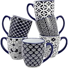 Elama Flyn 6 Piece 16 Ounce Assorted Design Stoneware Mug Set in Navy Blue and White