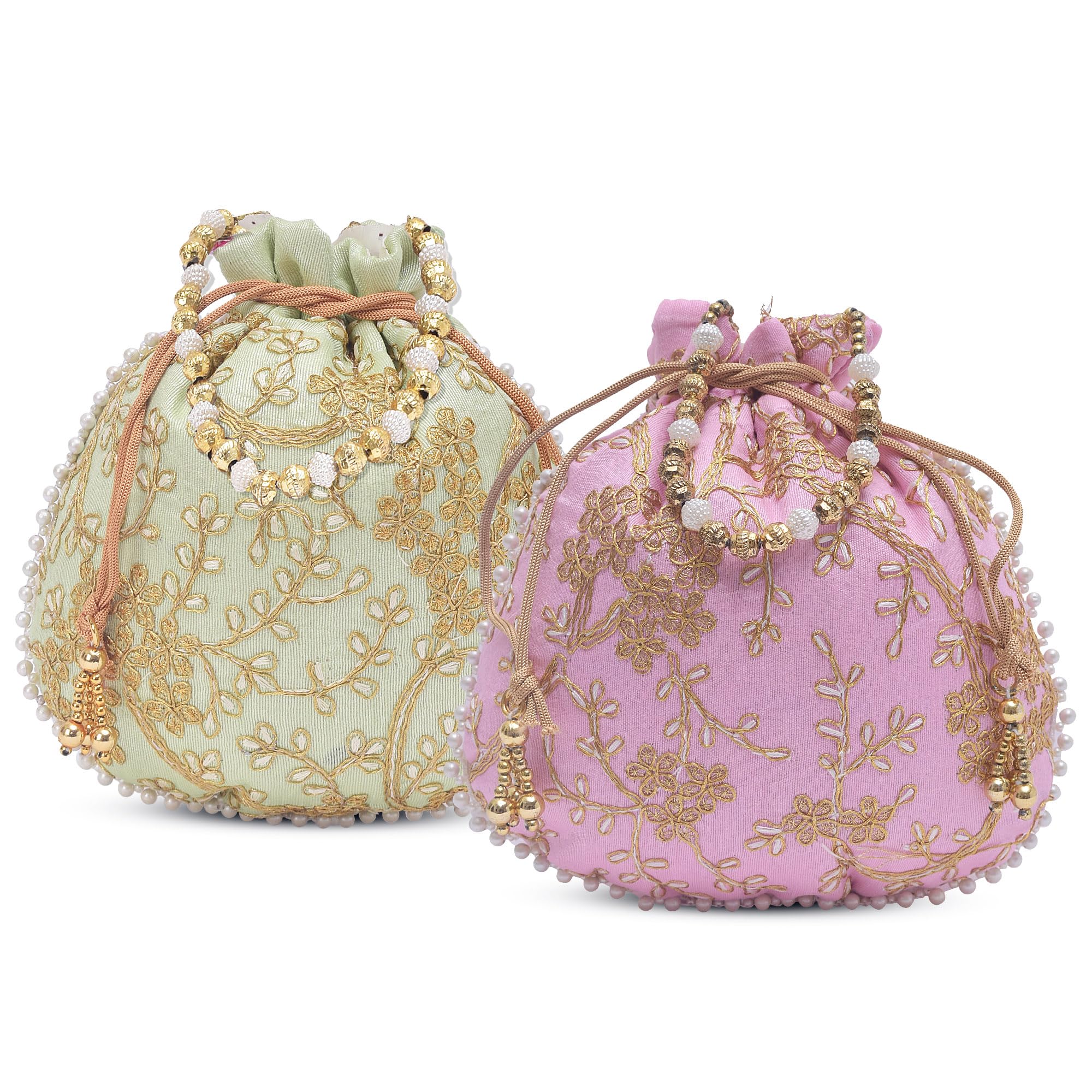 Kuber Industries Pack of 2 Potli Bags for Ladies & Girls | Shagun Pouches for Festive Seasons | Embroidery Batwa Bag Bridal Purse -Light Pink & Green-image-31