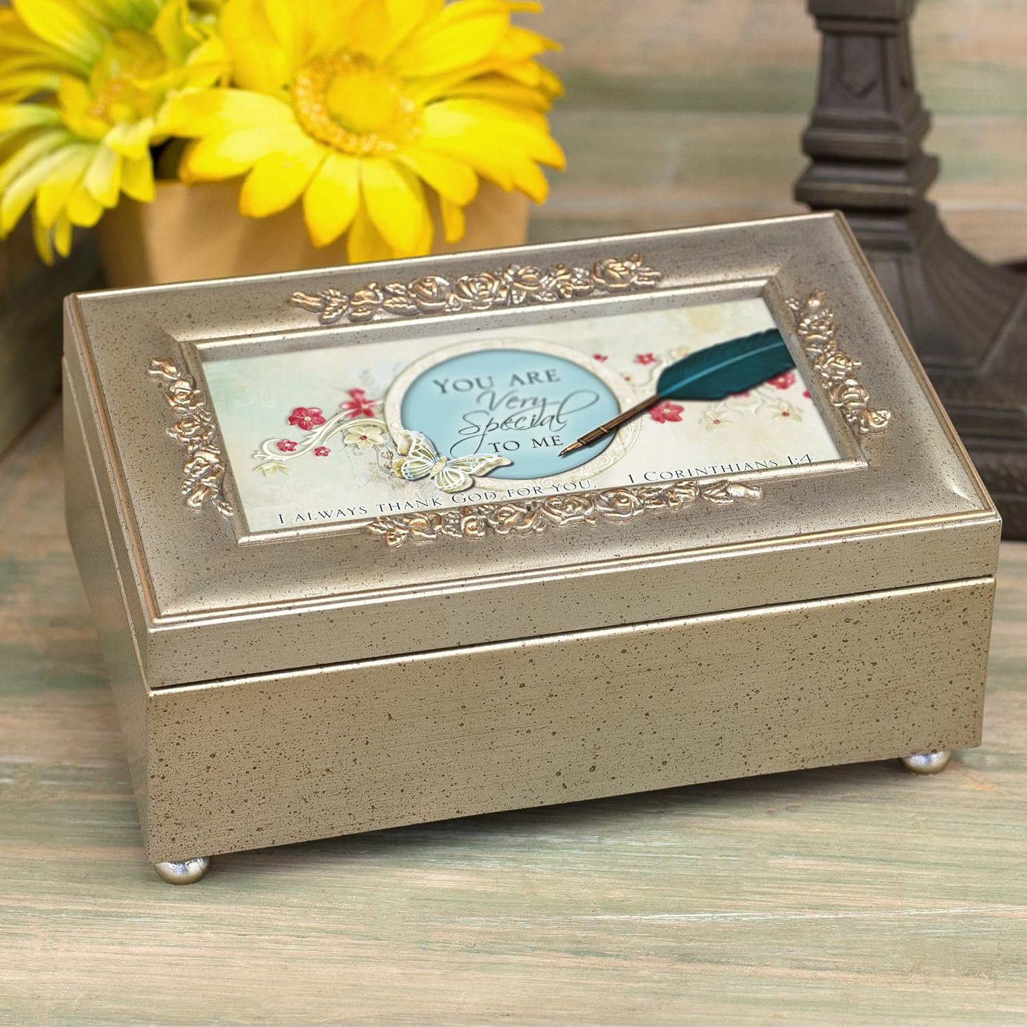 Cottage Garden You are Very Special to Me Silvertone Embossed Jewelry Music Box Plays Amazing Grace