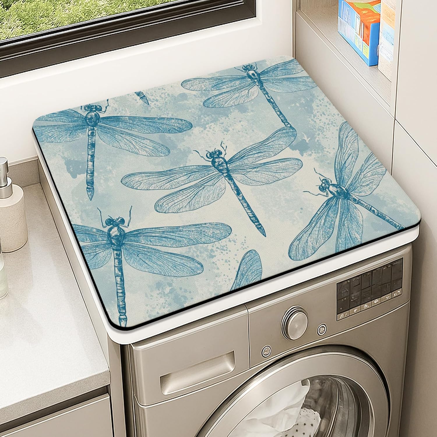 Dragonfly Washer Dryer Top Protector Mat, Blue Dragonfly Patterned Washing Machine Dust Covers, Vintage Rubber Anti-slip Waterproof Washer And Dryer Mats for Laundry Room 24x24 Inch