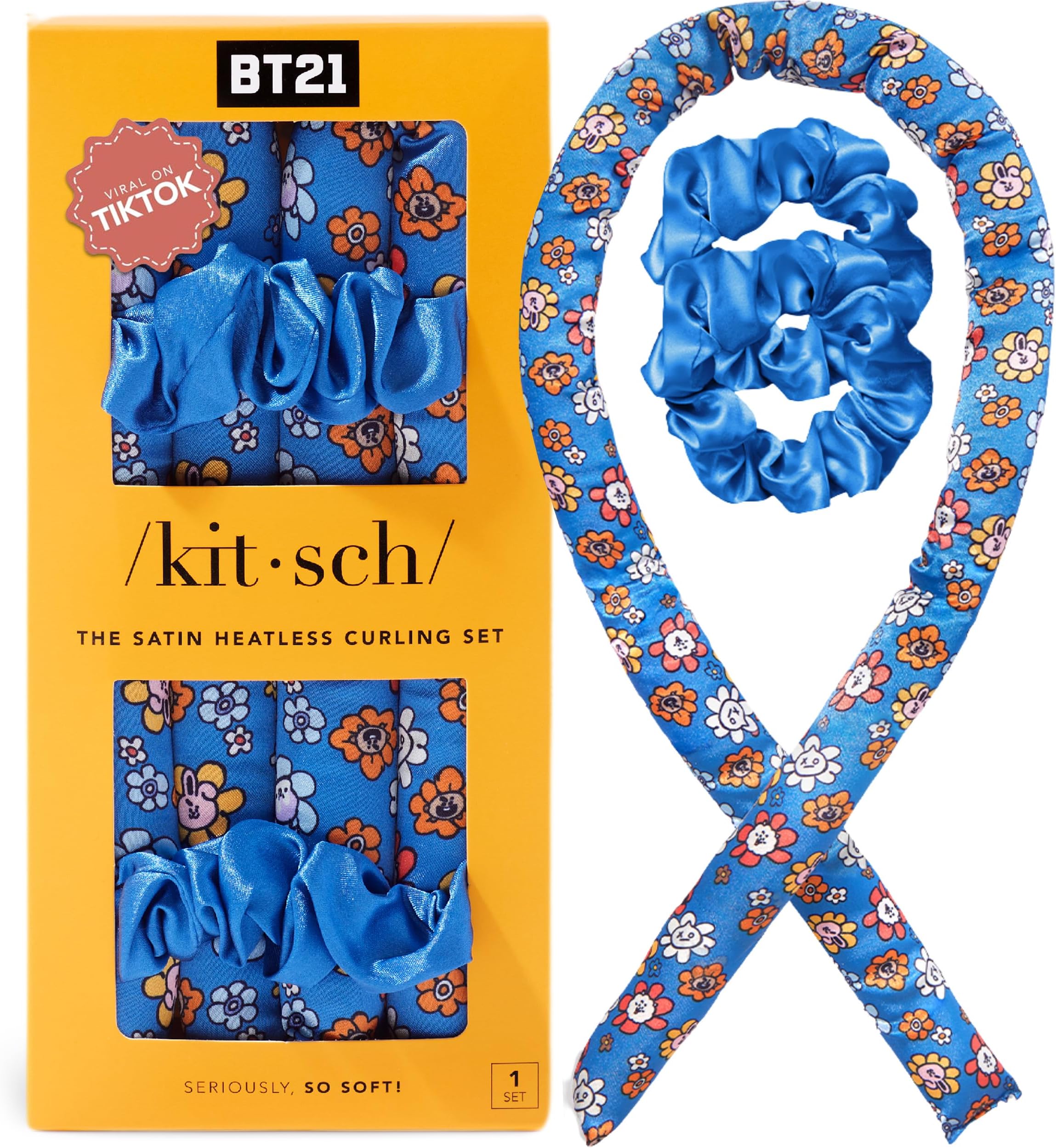 BT21 x Kitsch Satin Heatless Hair Curler Set - Heatless Curls Overnight, Hair Rollers for Soft Curls & Frizz-Free Styling, No Heat Curlers To Sleep in, Curling Rod Headband for Overnight Curl - BT21