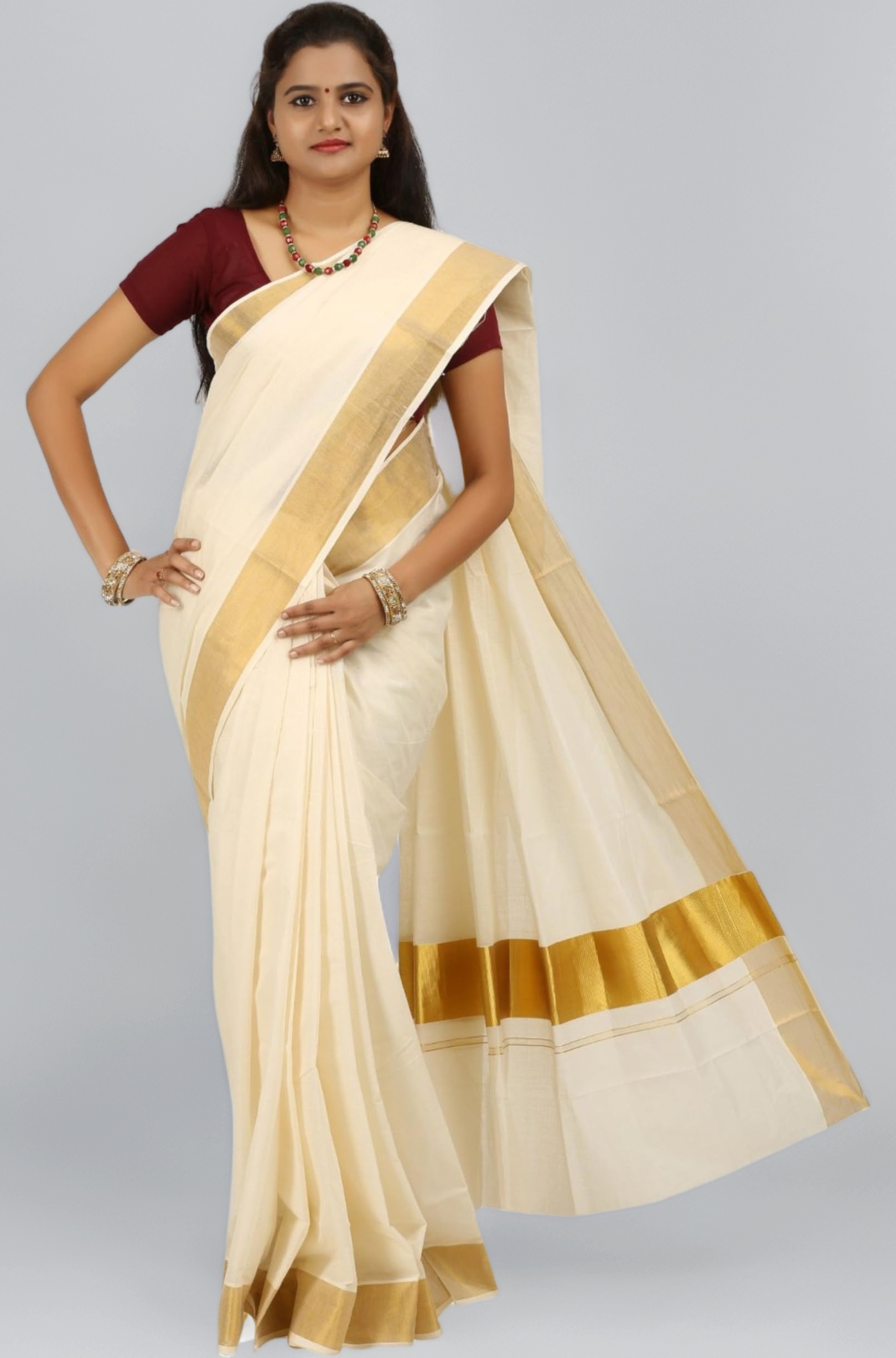 MAT Kuthampully Kerela Onam Wear Kasavu Kattikara Floura Jari Woven Cotton Set Mundu Saree For Women | With Blouse 6.25 Meters