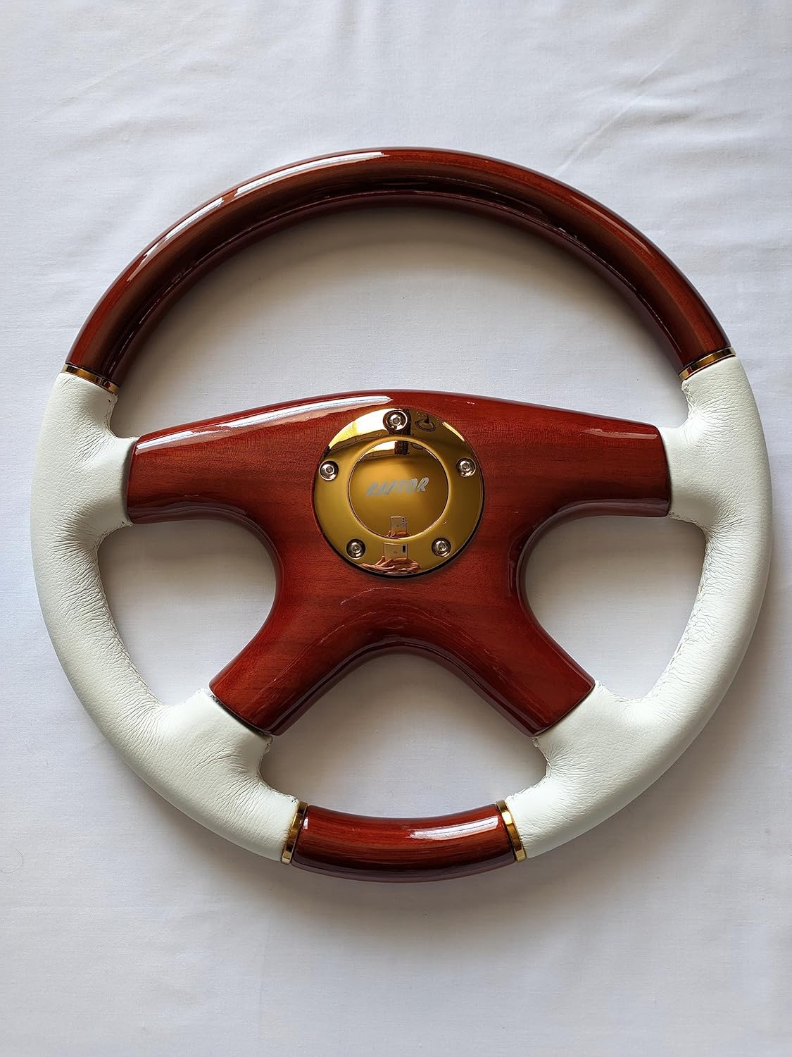 Raptor 15" Mahogany Wood & White Leather Steering Wheel - Gold