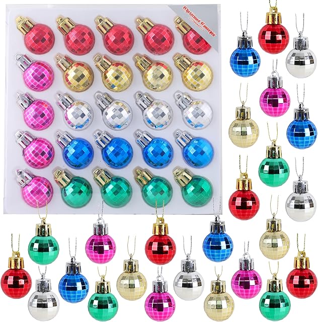 Christmas Concepts® Pack of 25 - 25mm Mini Christmas Tree Baubles - Shiny Disco Ball Baubles (Multi Coloured)