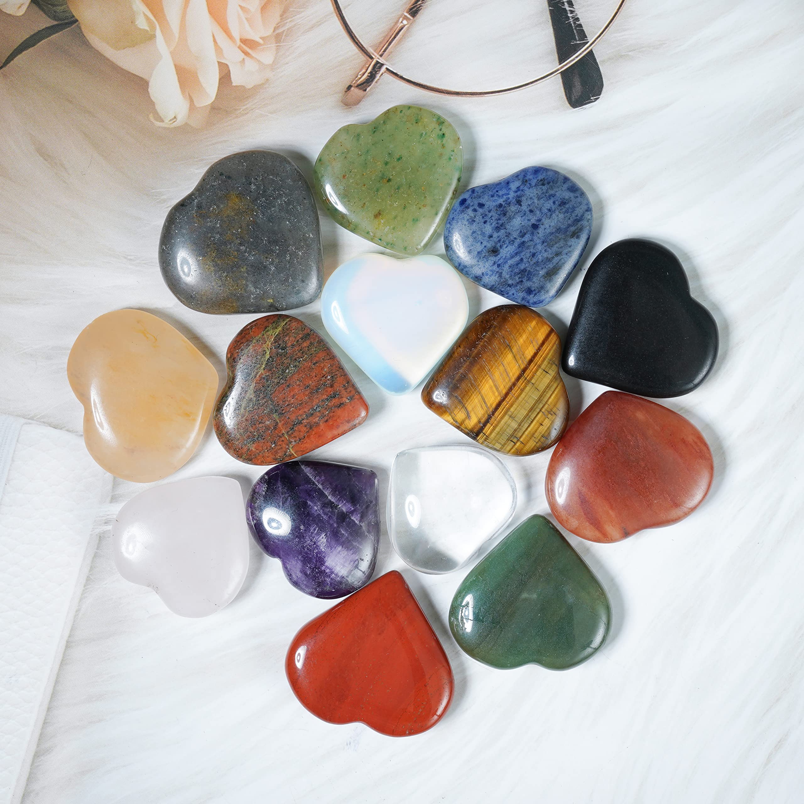 Crocon 14 Pcs Assorted Heart stone 25mm Mini Heart Shape gemstone Puff Stones Set 750+ Carats Pocket Crystal Healing Tumble Collection Palm Worry Stone Good Luck Meditation Gift Craft Home Decor