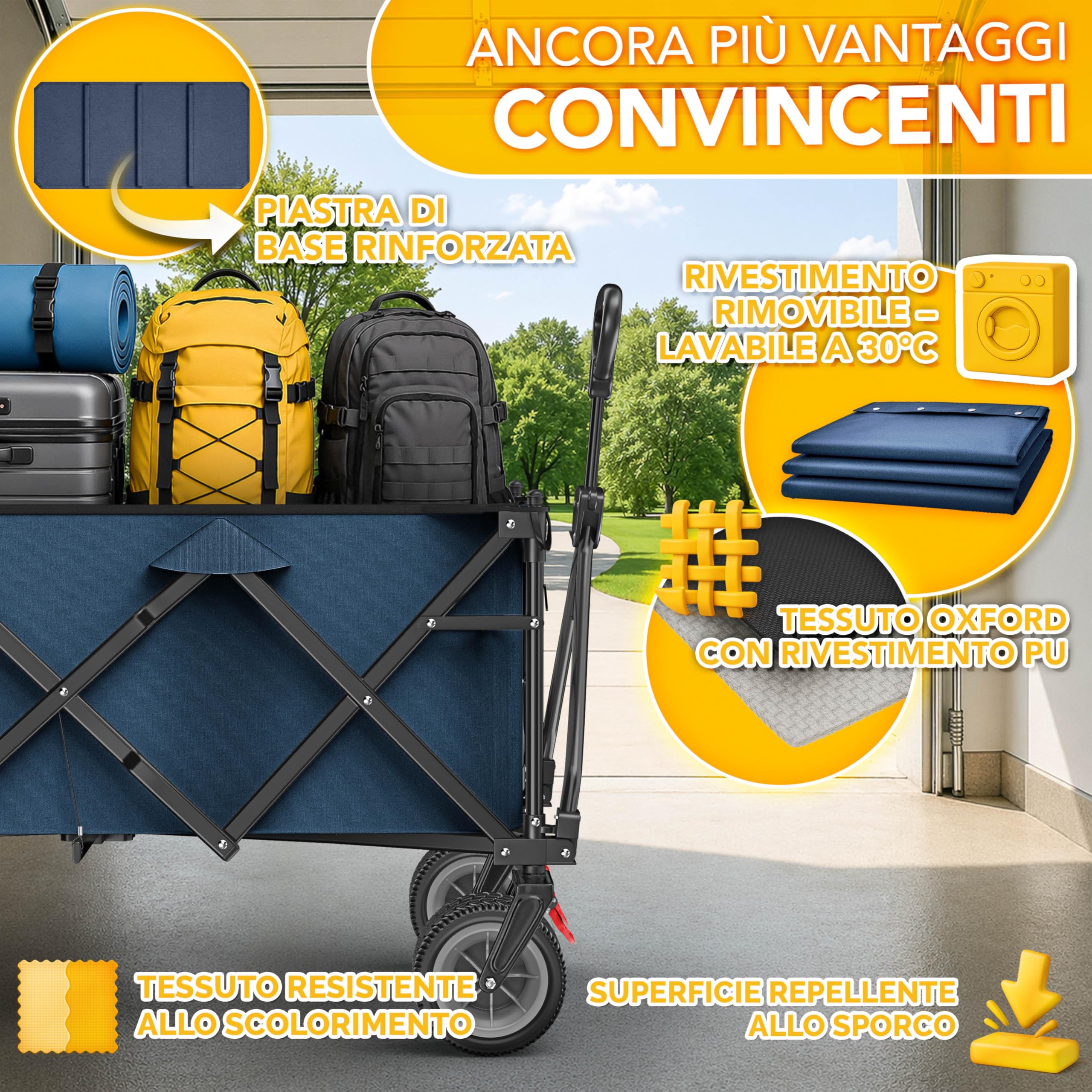 TRESKO® Carrello pieghevole da 300 l con freno, carrello pieghevole da 150 kg con pneumatici in gomma piena, pieghevole, extra large, ruote per il trasporto con borsa per il trasporto (blu)