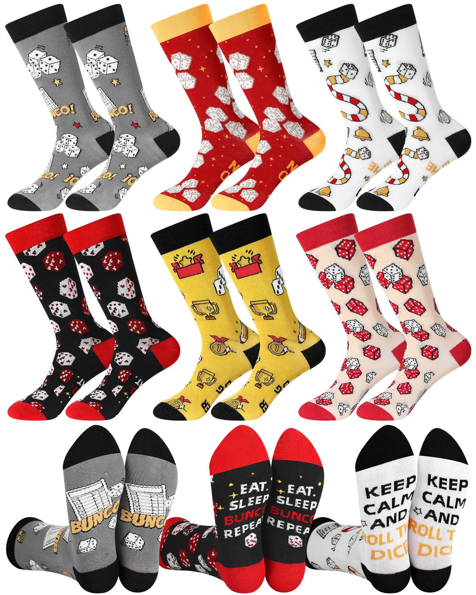 Glitopper 6 Pairs Funny Bunco Socks for Women Novelty Bunco Gifts Dice Crew Socks for Players Mom Friends Dice Game Night Party Gifts