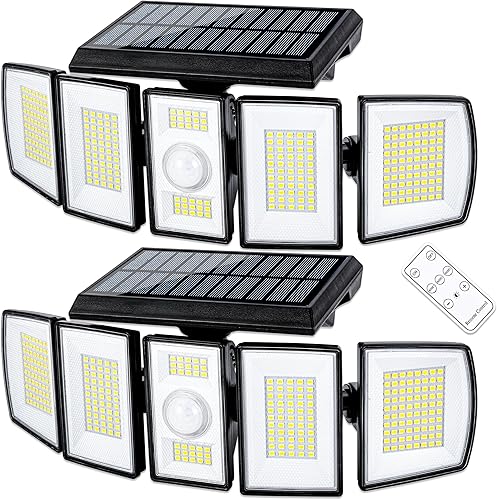 Solpex Paquete de 2 luces solares para exteriores 300 luces LED de 7500 K con sensor de movimiento con control remoto 4 modos de iluminación 5