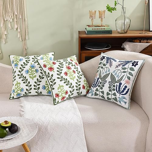 Miniatura 8 de Tosleo Fundas de almohada bordadas de 18 x 18 pulgadas, paquete de 2 fundas de almohada decorativas de algodón con flores verdes y vides azules,