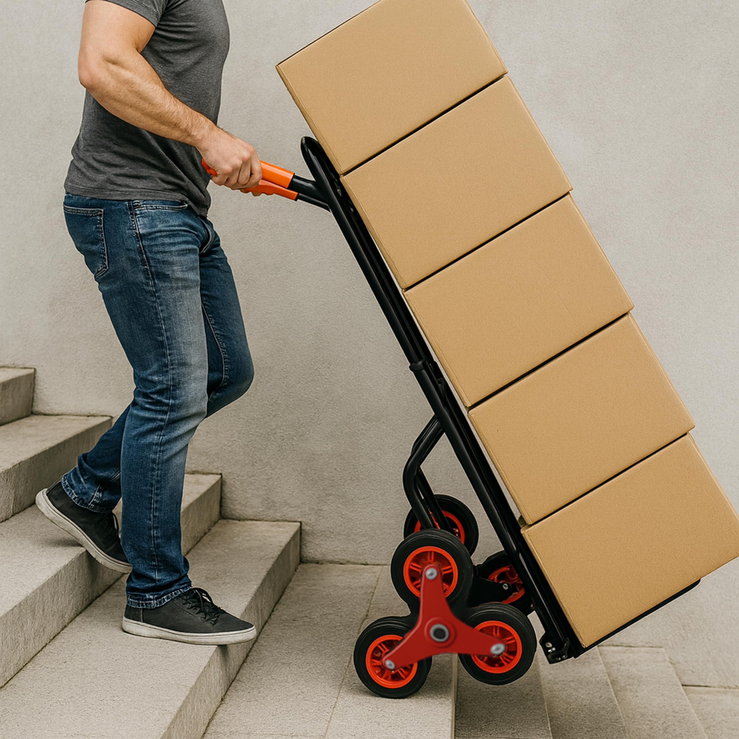 Ondis24 Klappbare Sackkarre mit Dreifachbereifung aus Stahl, 120 kg Tragkraft, Treppensteiger Transportkarre, Faltbarer Transportwagen für Umzug, Haushalt, robuste Treppenkarre mit 3-Rad-System (pro)