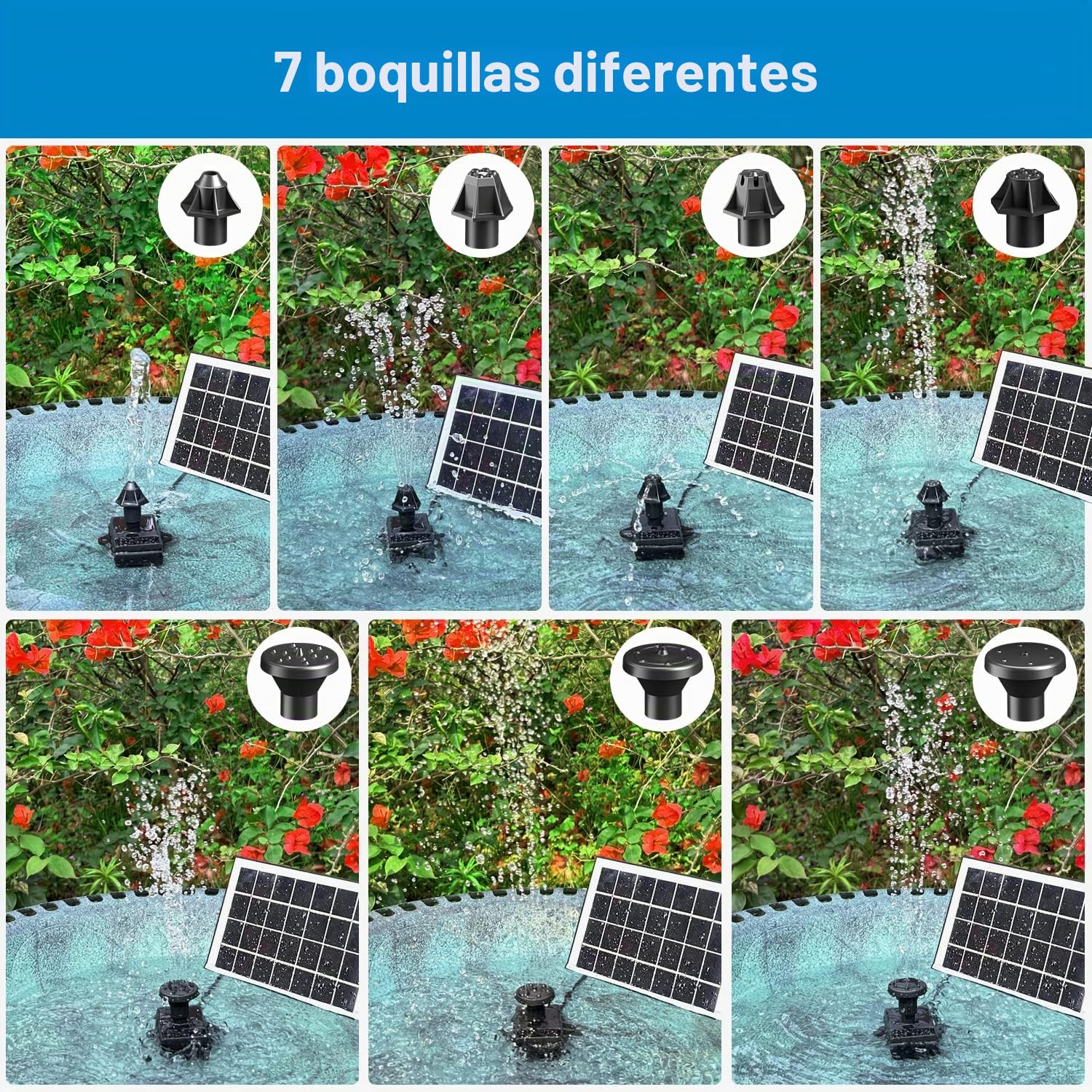 SZMP Fuente Solar Jardin Exterior 3.5W con Baterías 2000mAh,2025 Nuevo 16.4ft Cable Bomba de Agua Solar,Solar Fuente con 8 boquillas para Estanque de Jardín Fuente,Baño para Pájaros,Decorativas