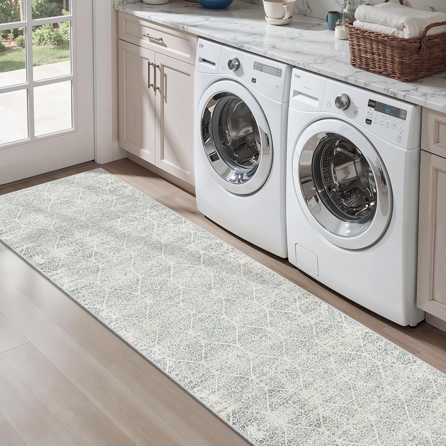 Soalmost Washable 2.5'x8' Runner Rugs for Hallway, Moroccan Trellis Kitchen Runner Rugs with Rubber Backing Non-Slip Soft 2'6"x8' Carpet Runner for Entryway Laundry Bedroom Farmhouse Teal Blue