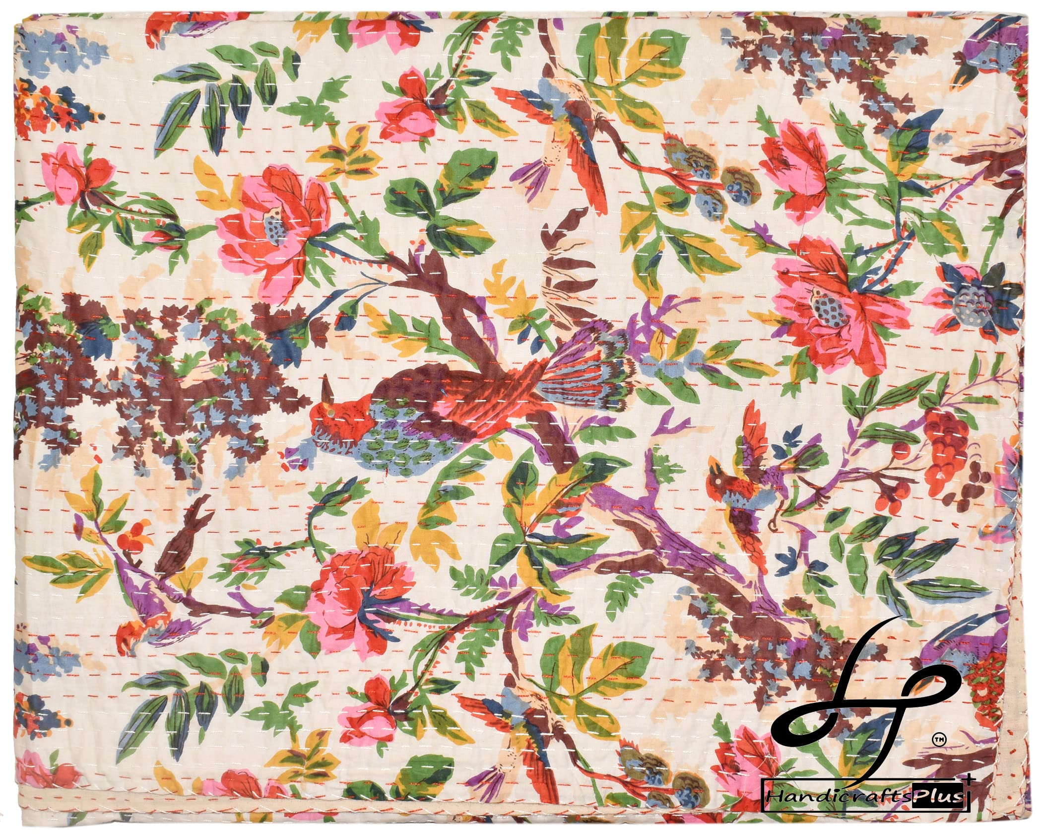 Handicrafts Plus Beautiful Bird Print Coverlet White Color Kantha Home Decor Bedsheet King/Queen Size Kantha Bedding 90x108''
