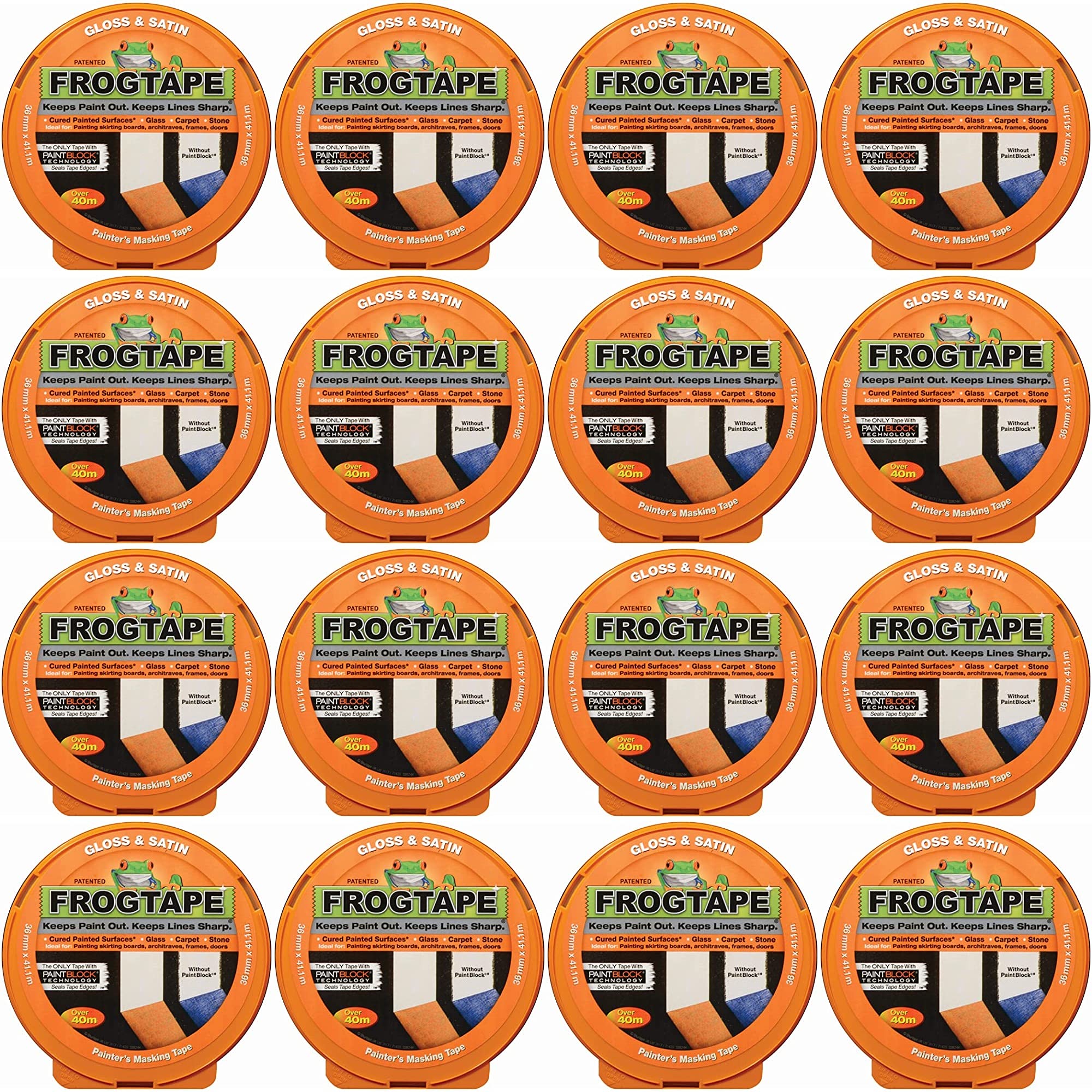 Frog Tape Cinta adhesiva para pintores de raso y brillante, 36 mm x 41,1 m, paquete de 16 unidades