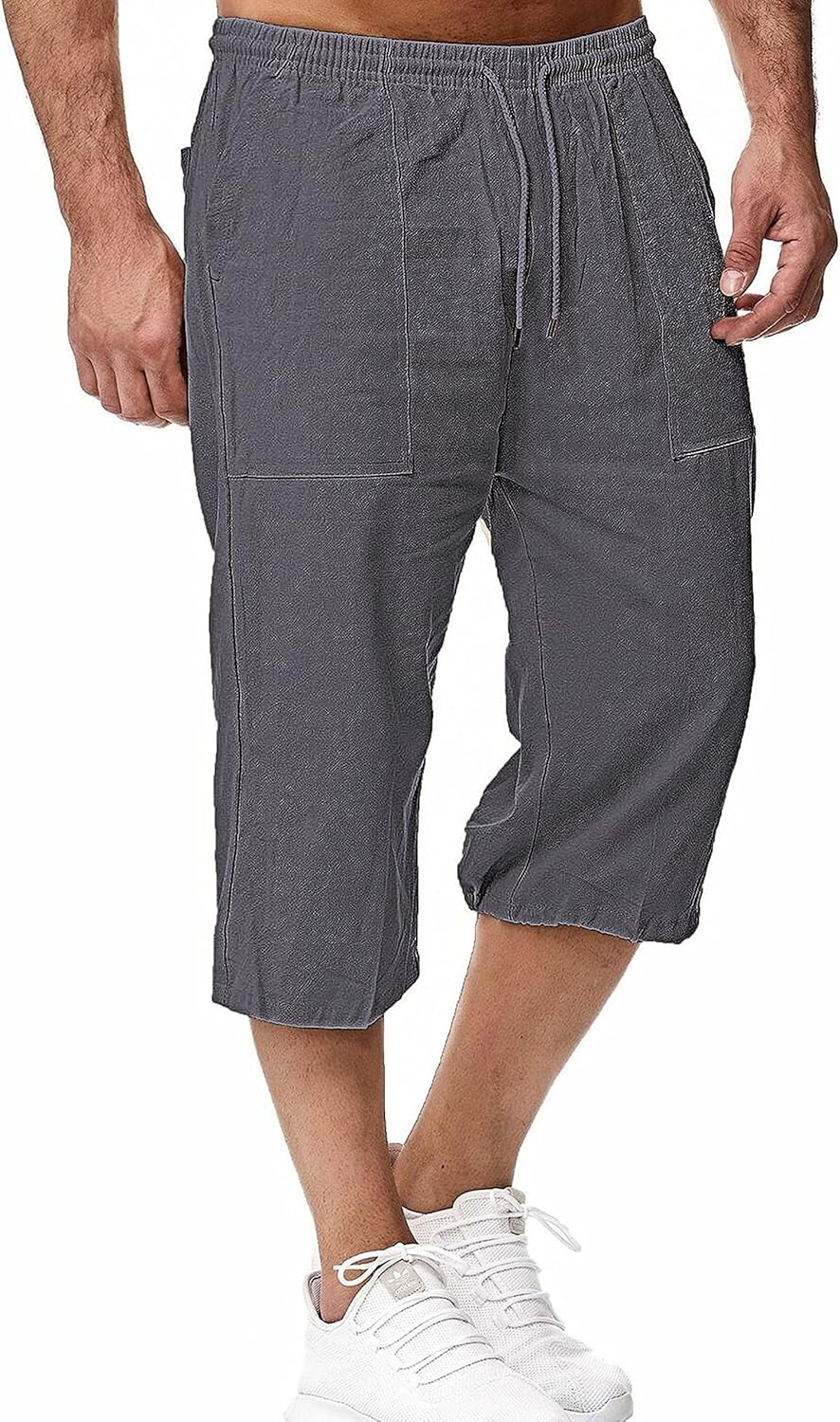HangNiFang Men's Long Linen Shorts Below Knee Pocketed 3/4 Summer Drawstring Capri Pant