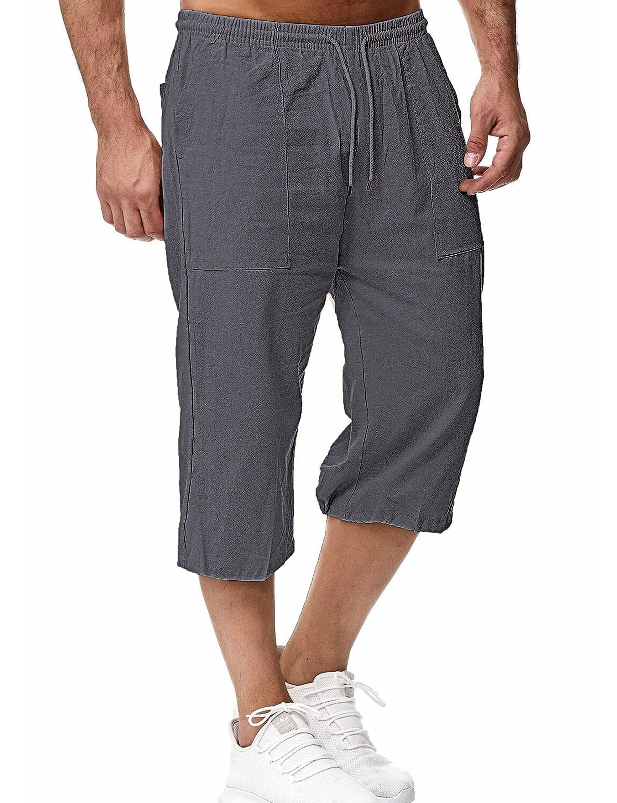 hangnifang Men's Long Linen Shorts Below Knee Pocketed 3/4 Summer Drawstring Capri Pant-picture-13