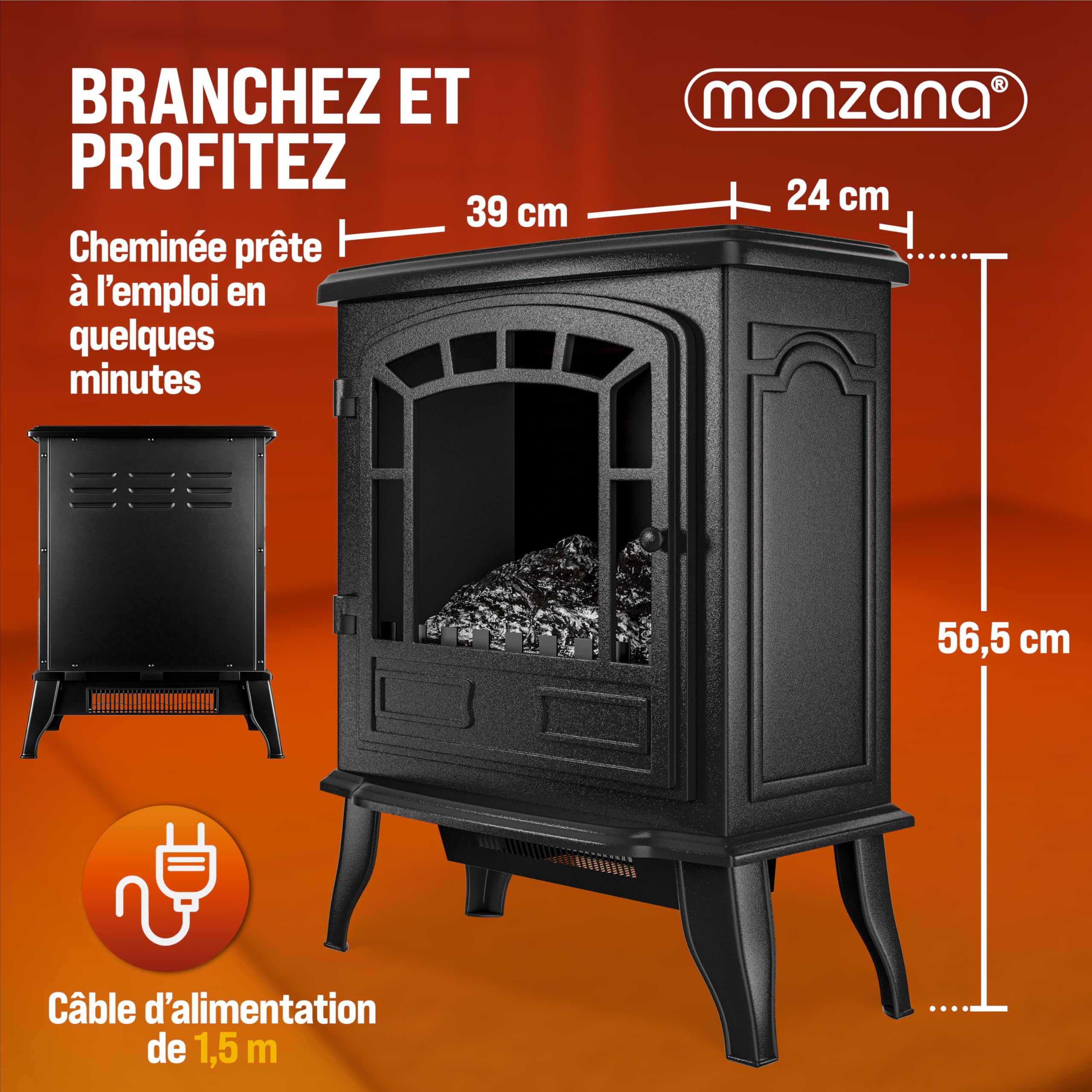 MONZANA® Cheminée électrique Effet Flamme LED 2000 W 2 Niveaux de Chauffage radiateur électrique Fausse cheminée chauffante Chauffage d'appoint 30 m² Noir