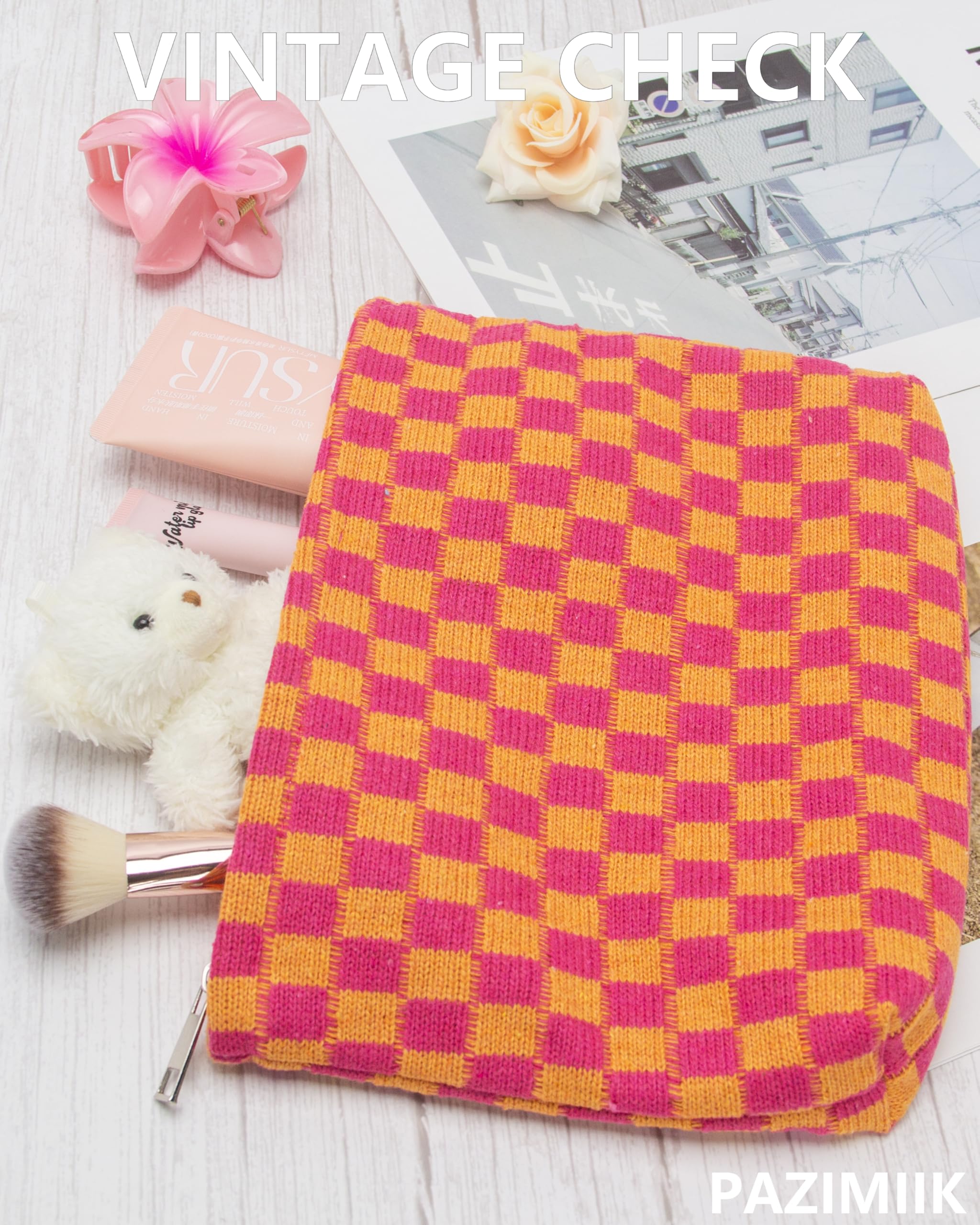 PAZIMIIK Karierte Make-up-Tasche für Geldbörse, tragbar, mit Reißverschluss, kleine Kosmetiktasche für Reisezubehör, Rot, Orange, 1PCS FLAT POUCH, Gestrickt