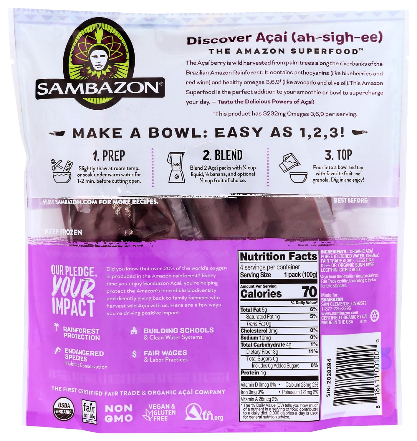 Sambazon, Fruit Acai Pure Organic, 100 Gram, 4 Count