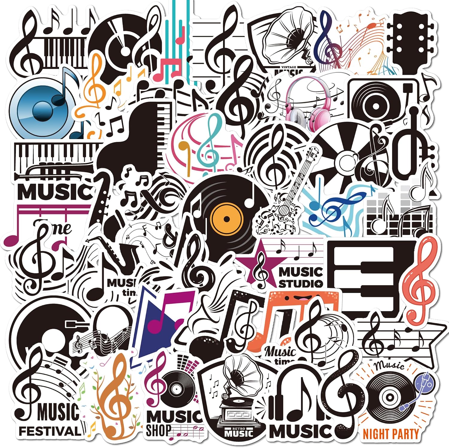 50 Pcs Music Notes Stickers, Waterproof Vinyl Musical Decals for Water Bottles, Guitar, Laptop, Luggage, Ideal Gift for Kids Music Lovers Teens