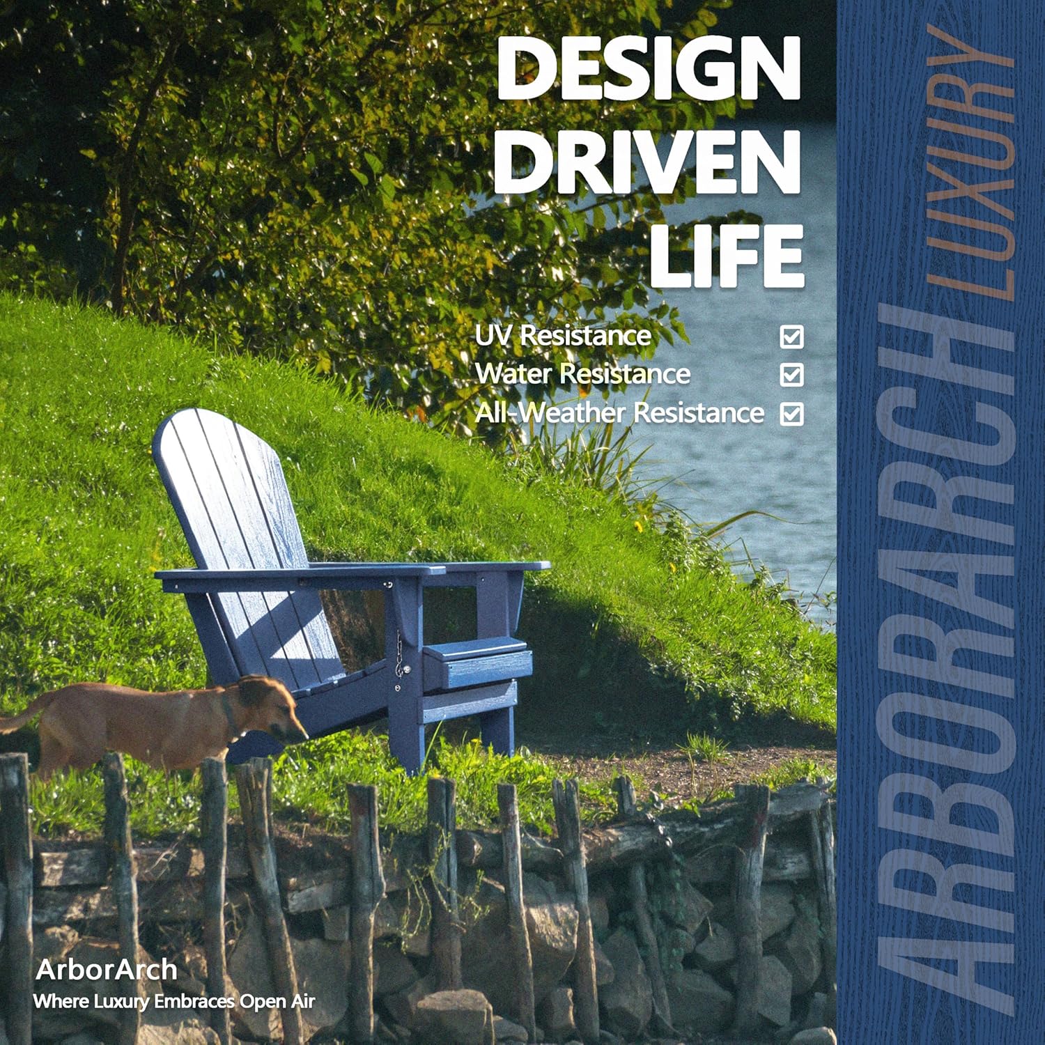 Outdoor Folding Adirondack Chair Set of 2 for Patio Fire Pit, Wooden Textured HDPE Adjustable Chairs with Cup Holder, Waterproof All Weather Resistant Plastic for Pool Lawn Garden Backyard(NavyBlue)