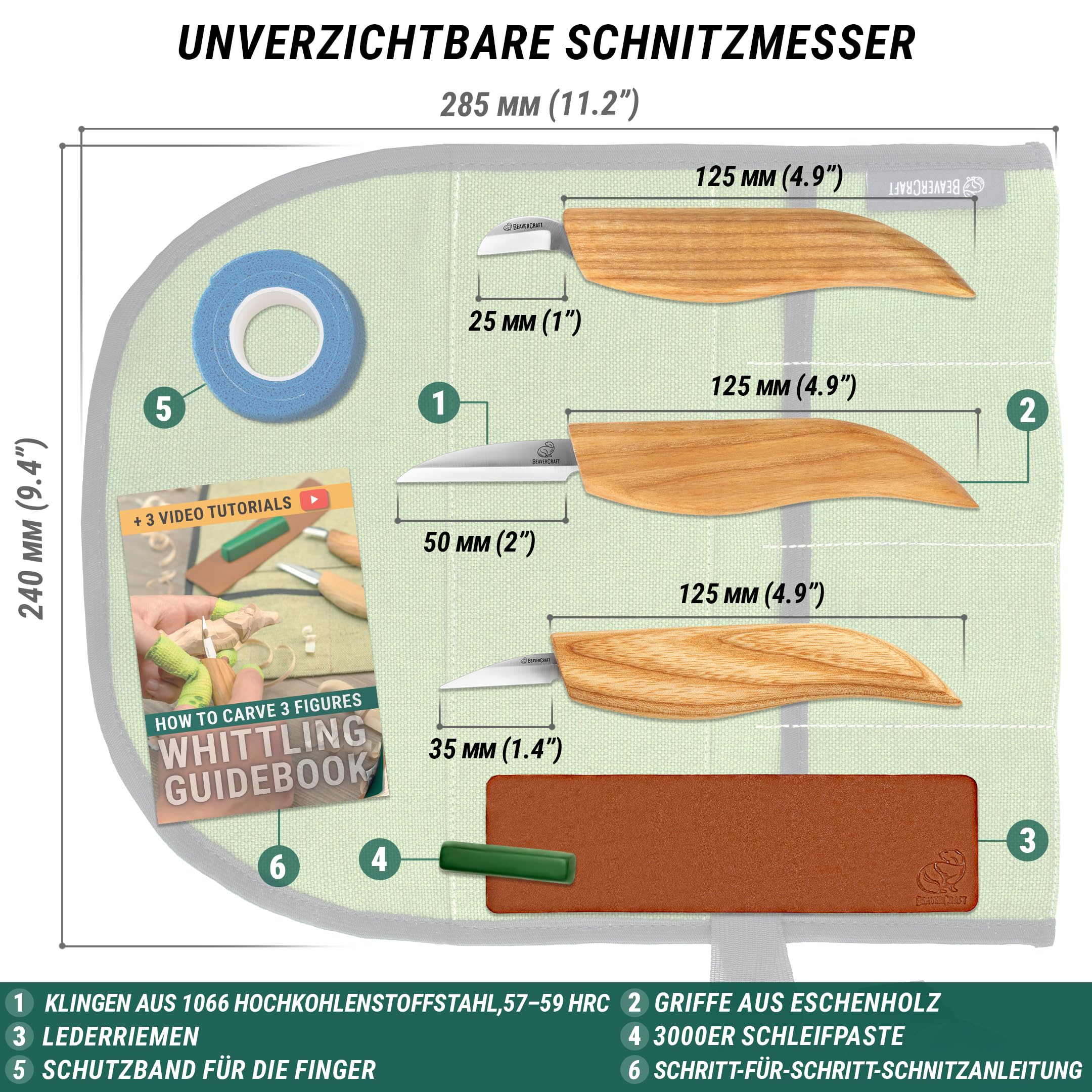 BeaverCraft Holzschnitzmesser-Set S15, Schnitzset für Anfänger, Kinder – Holzschnitzwerkzeug-Set mit detailliertem Spanmesser, Sloyd-Schnitzmessern und Lederstreichriemen, Poliermittel und Tutorials