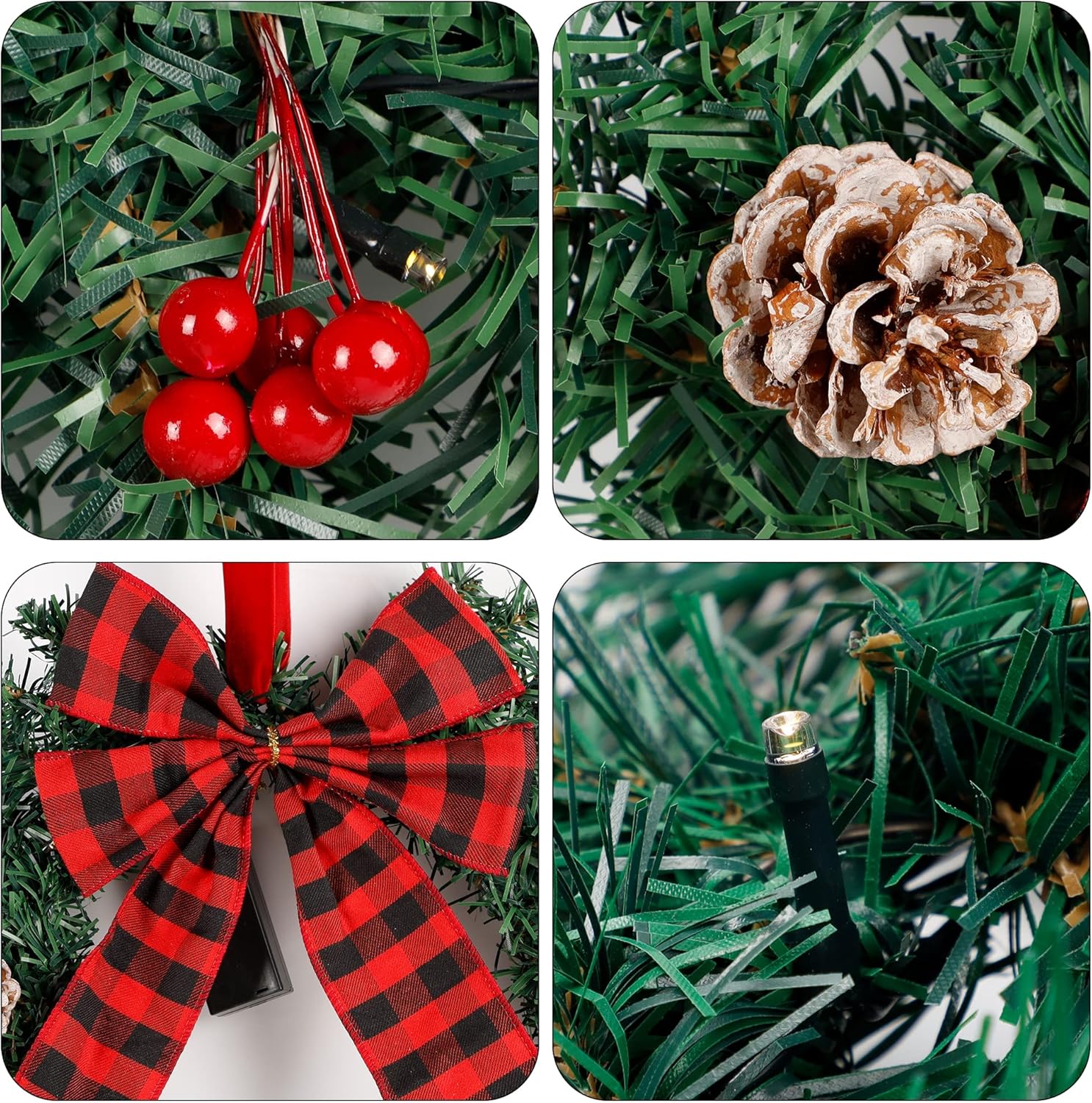 ATDAWN 3 Pack Mini Christmas Wreath, Lighted Christmas Front Door Wreath, Xmas Wreath for Holiday Christmas Party Decorations (Plaid Bow)