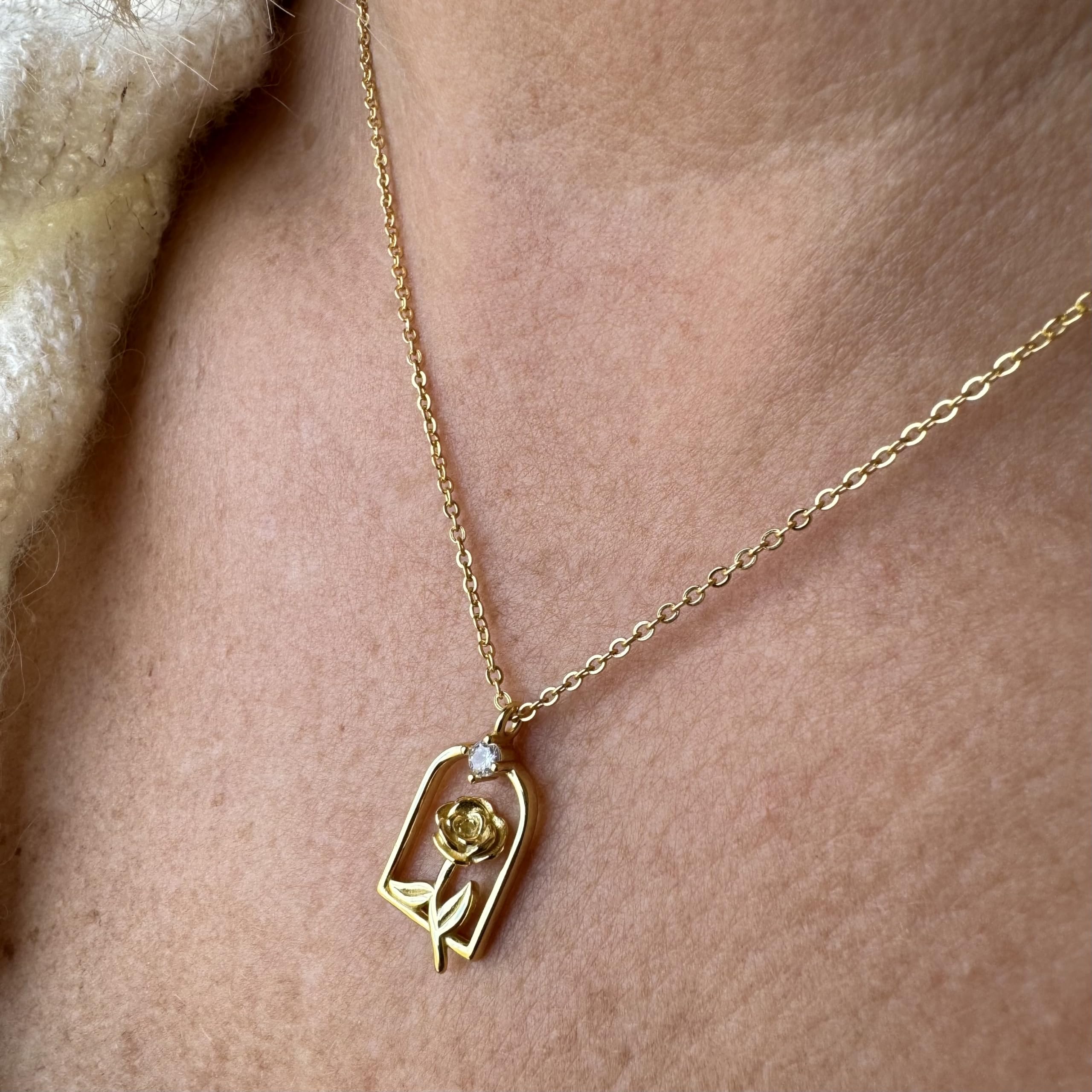 Collar Rosa Bella y Bestia en Plata de Ley 925 y Chapado en Oro con Cadena de 40cm + Alargador. Para mujer, madre, abuela, amiga - Regalo de Navidad, Cumpleaños, Amigo Invisible. (Oro)