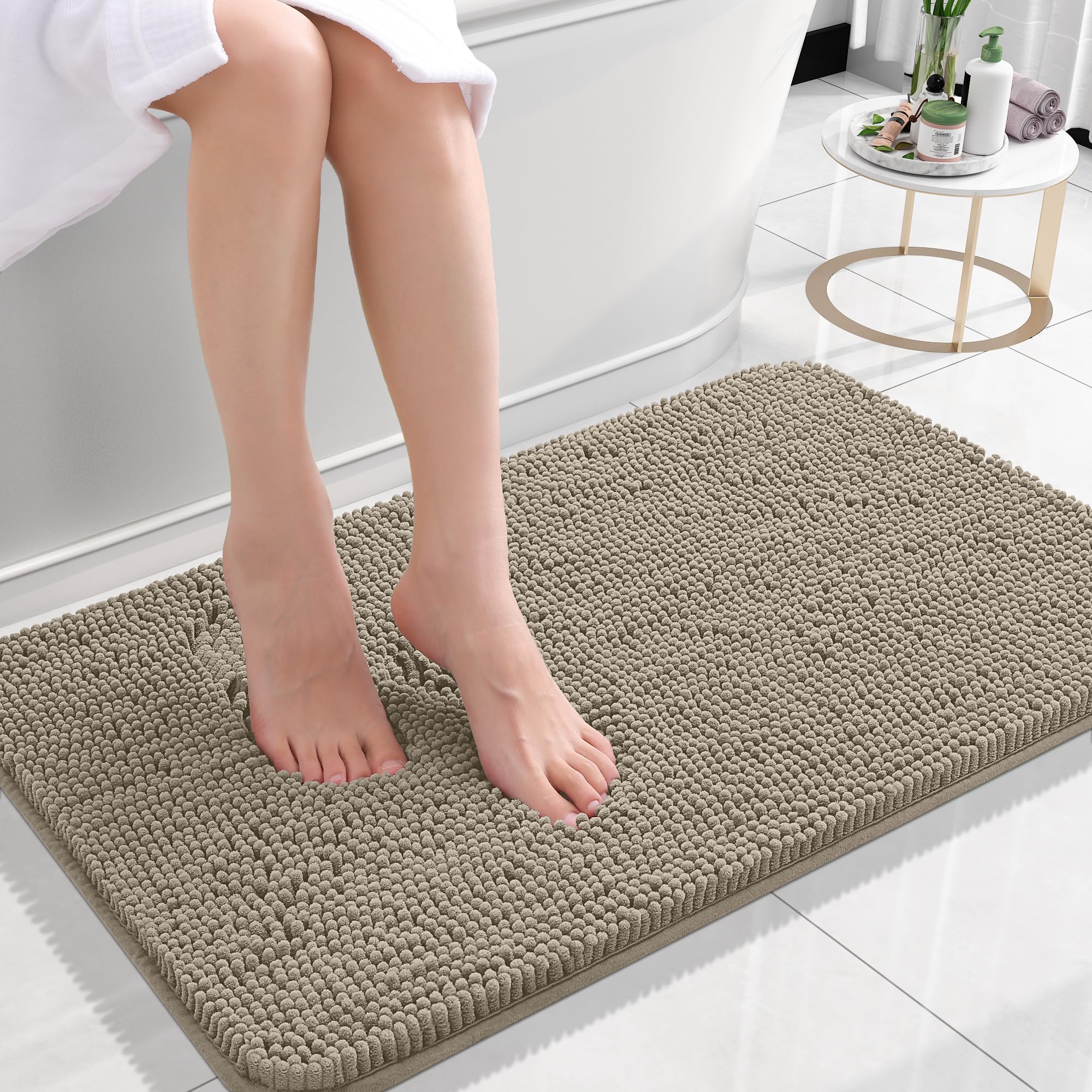 OLANLY Small Bathroom Rugs 24x16, Extra Soft Absorbent Chenille Bath Rugs, Rubber Backing Quick Dry, Machine Washable Bath Mats for Bathroom Floor, Tub and Shower, Home Decor Accessories, Warm Taupe | Warm Taupe, Quick-Drying Rubber Backing, Machine Washable Bath Mat for Bathroom Floor, Tub and Shower, Home Decor Accessories