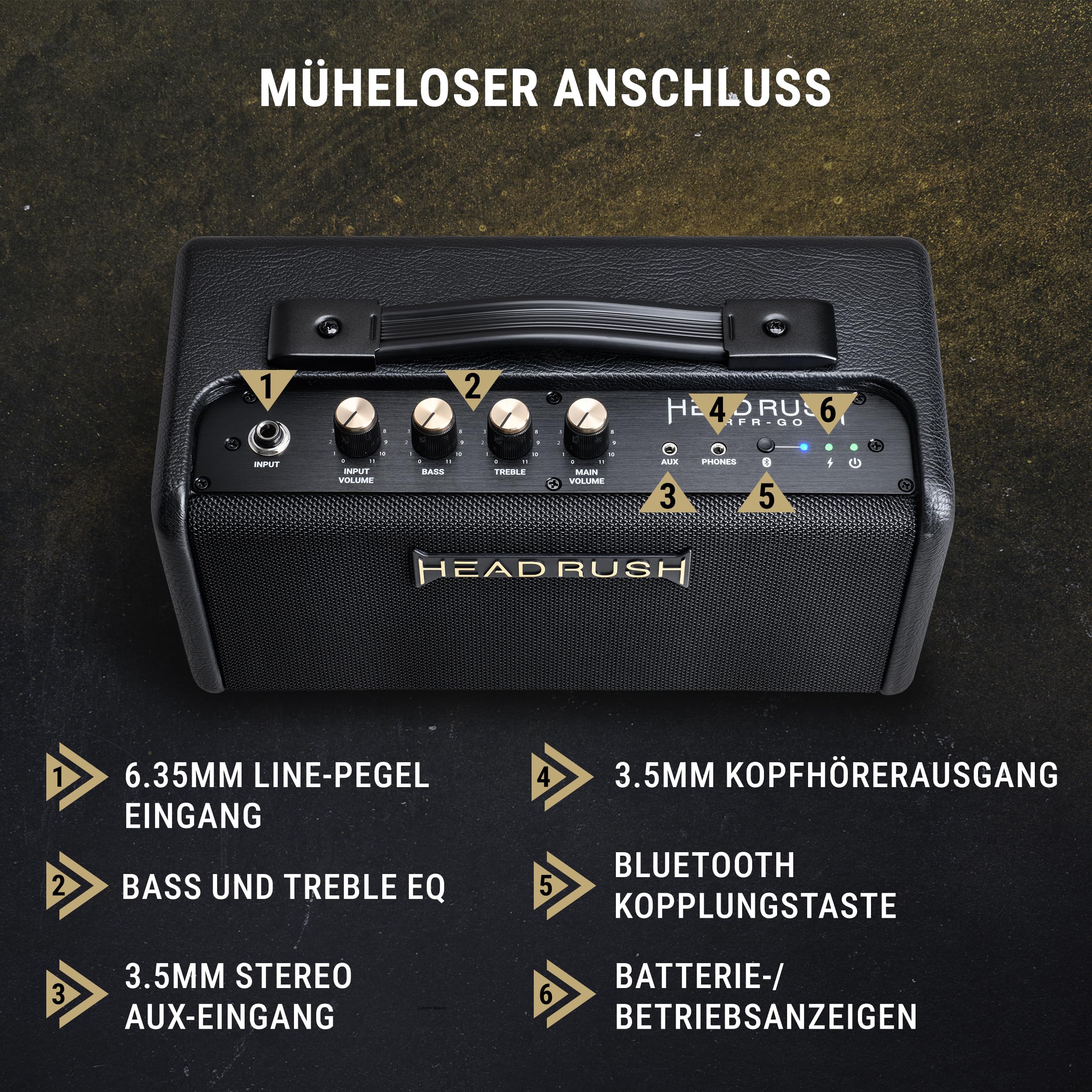 HeadRush FRFR-GO - 30W Verstärker für elektrische und Bassgitarren mit dualen 3" Lautsprechern, Bluetooth und Akku für Multi-FX/Amp Modeling Pedale