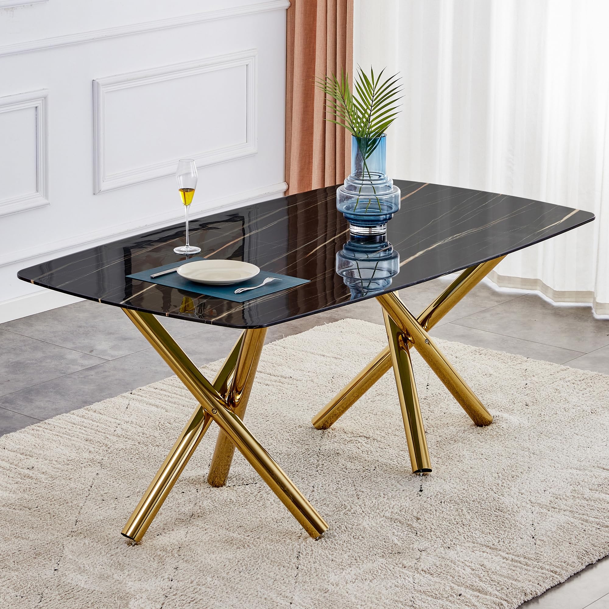 71" Modern Glass Rectangle Dining Table with 0.39" Imitation Marble Desktop and Golden Metal Legs, Dining Table for 6-8, Glass Kitchen Table