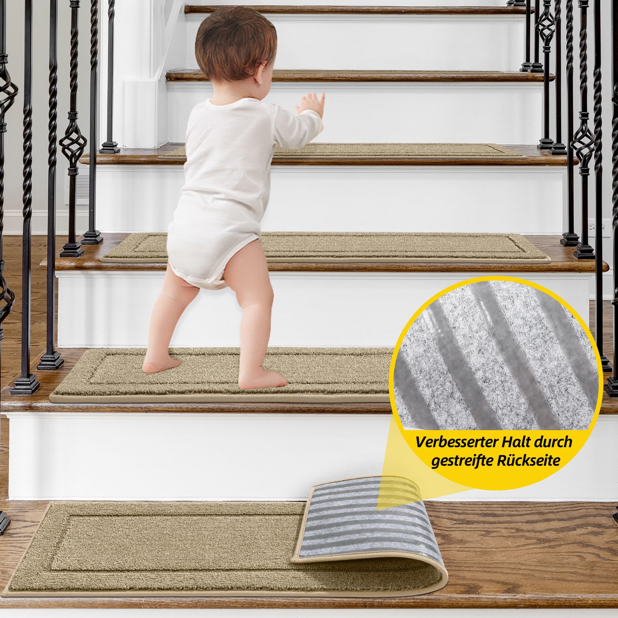JSEI Stufenmatten Innen rutschfest 15 Stück, 20,3 x 76,2 cm Maschinenwaschbare Treppenteppich Selbstklebend Stufenteppich für Kinder, Älteste und Haustiere, 100% Polyester TPE -Rücken, Beige