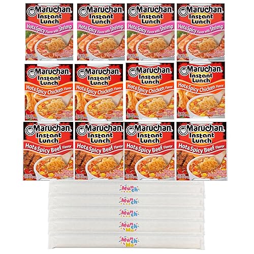 Maruchan - Taza de ramen instantáneo de 2.25 onzas cada una, juego picante, 12 paquetes, camarones picantes, carne de res, pollo, 2 unidades de cada
