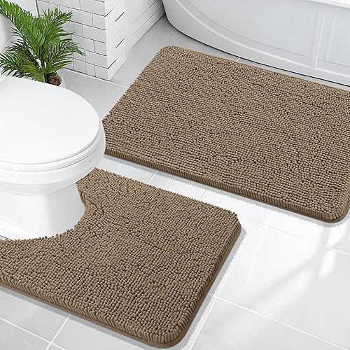 Miniatura 67 de OLANLY Juego de 2 alfombras de baño, tapetes de baño de felpilla suave y absorbente y tapete para inodoro con contorno en forma de U, alfombra de