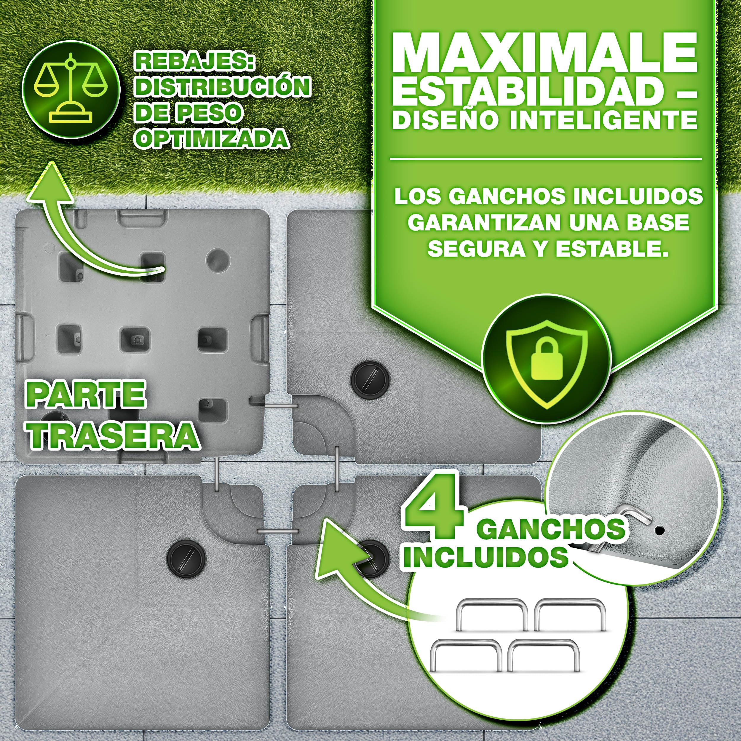 tillvex Soporte para sombrilla de 90 l/120 kg, 4 Piezas, Incluye Conector de Metal, Peso de la sombrilla rellenable con Agua o Arena, Resistente a la Intemperie