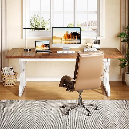 Miniatura 7 de LITTLE TREE 70.8-Inch Large Executive Desk, Modern Computer Office Desk, Wooden Writing Desk Study Table for Home Office Marrón- blanco,Roble