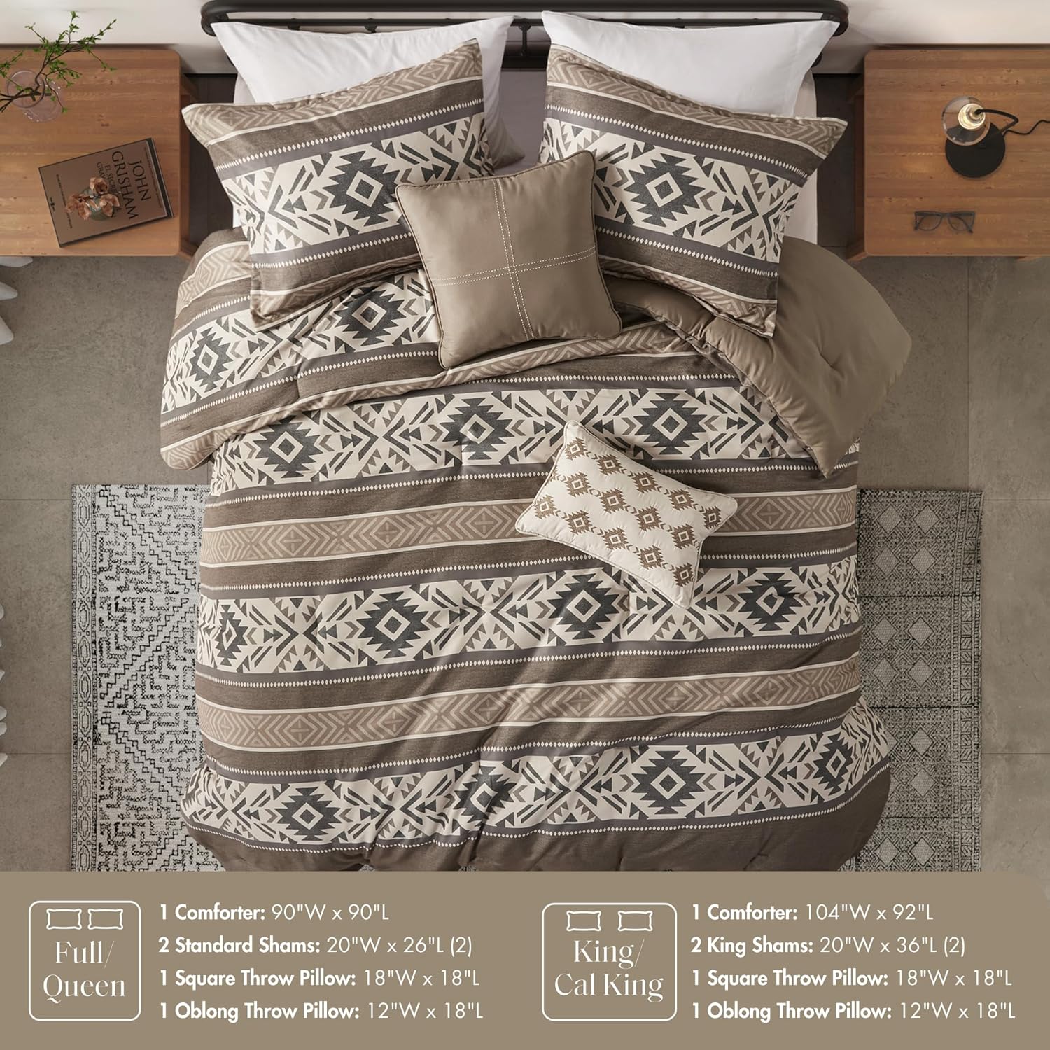 Madison Park King Comforter Set, Stripes Herringbone Southwestern Boho Comforters King Size, All Season Lightweight & Fluffy Microfiber Bed Set, 2 Décor Pillows, Mariposa, King/Cal King Brown 5 Piece