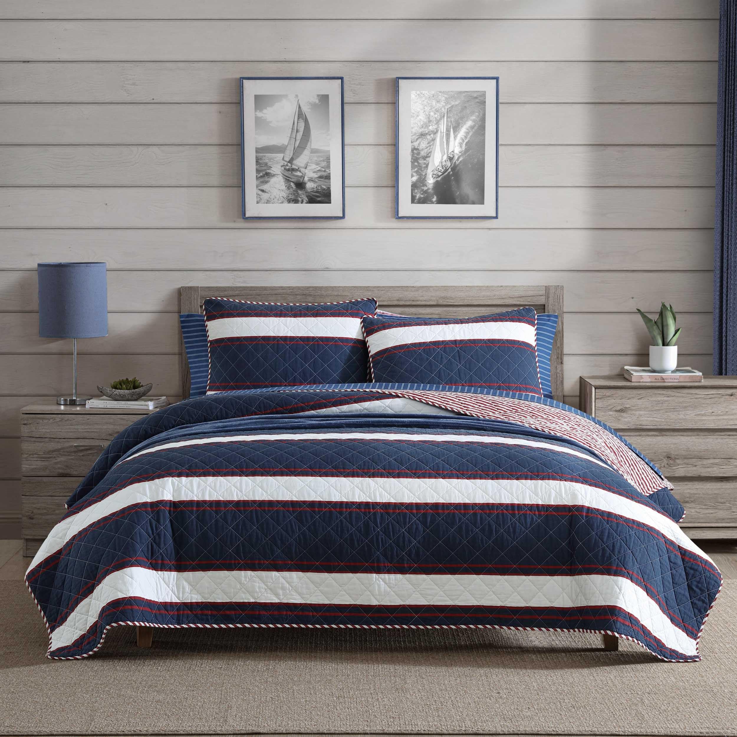 Nautica - Twin Quilt Set, Super Soft Reversible Bedding with Matching Sham, Striped Home Decor (Wesley Navy, Twin)