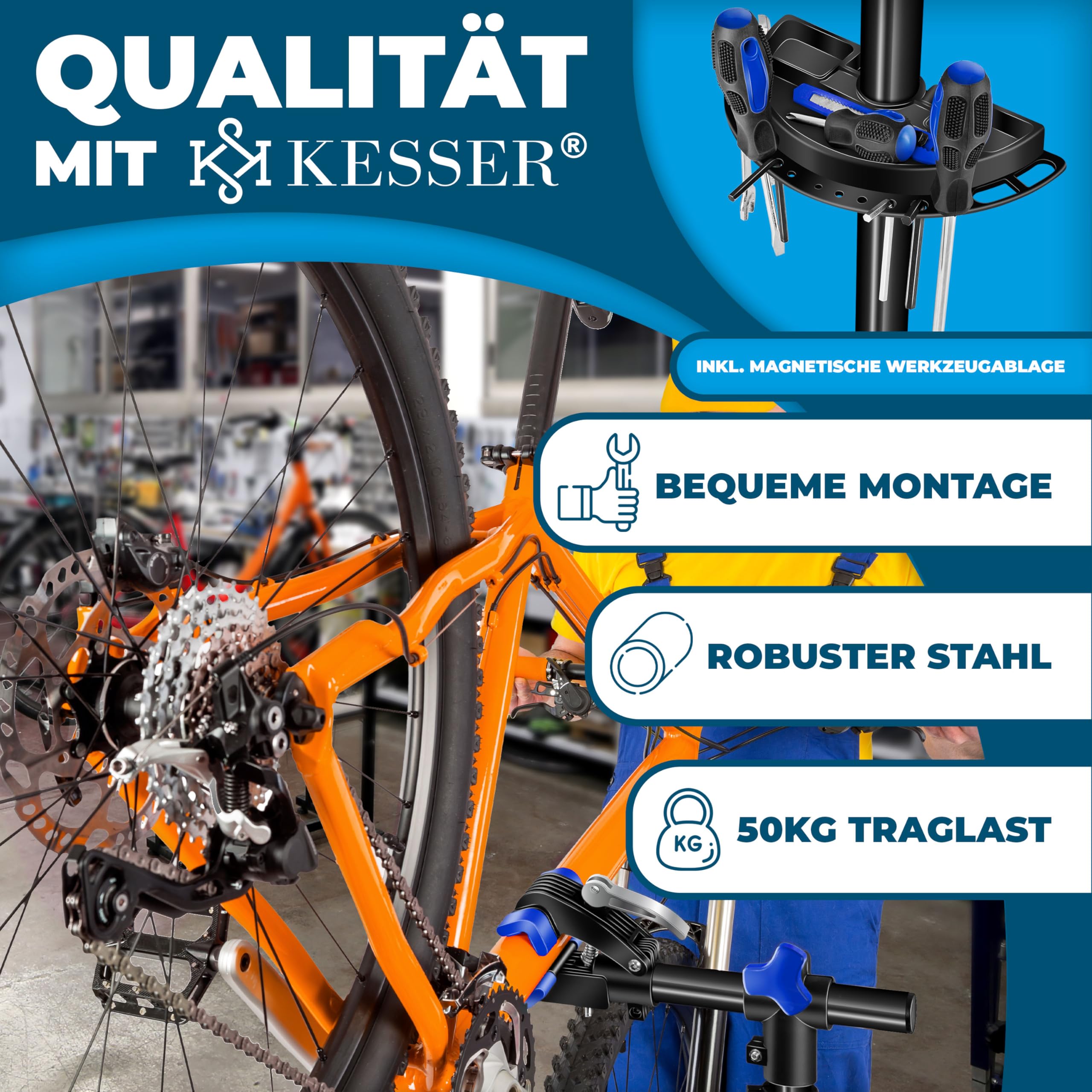 KESSER® Cavalletto per riparazioni di biciclette Cavalletto per riparazioni professionali Cavalletto per biciclette + borsa Cavalletto per riparazioni di biciclette fino a 50 kg, blu