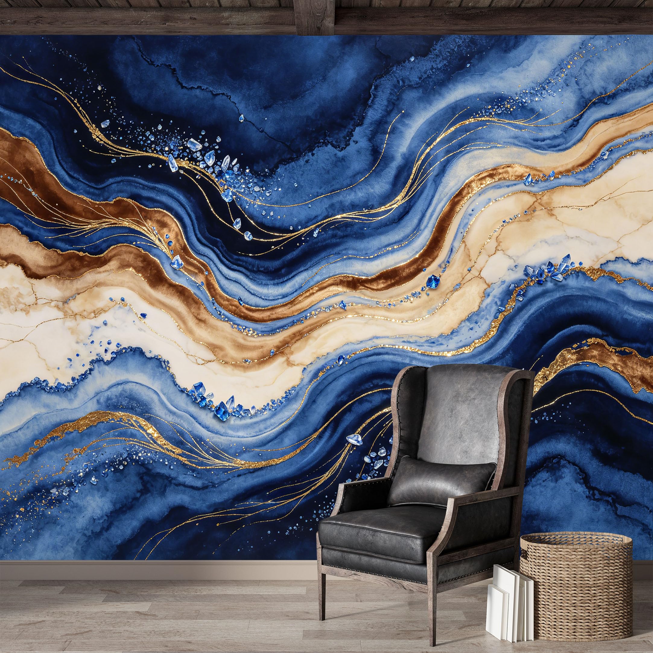 Custom Size Wall Mural,Abstract Blue Agate Geode Gold Crystal Watercolor Premium Water Activated SelfAdhesive Wallpaper,Removable Wall Covering for Indoor Home Decor