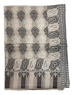 Cashmere Wool Fine Jall Print In Beige and Black With Peacocks And Stripes At The Edge For Women Exotic Exquisite
