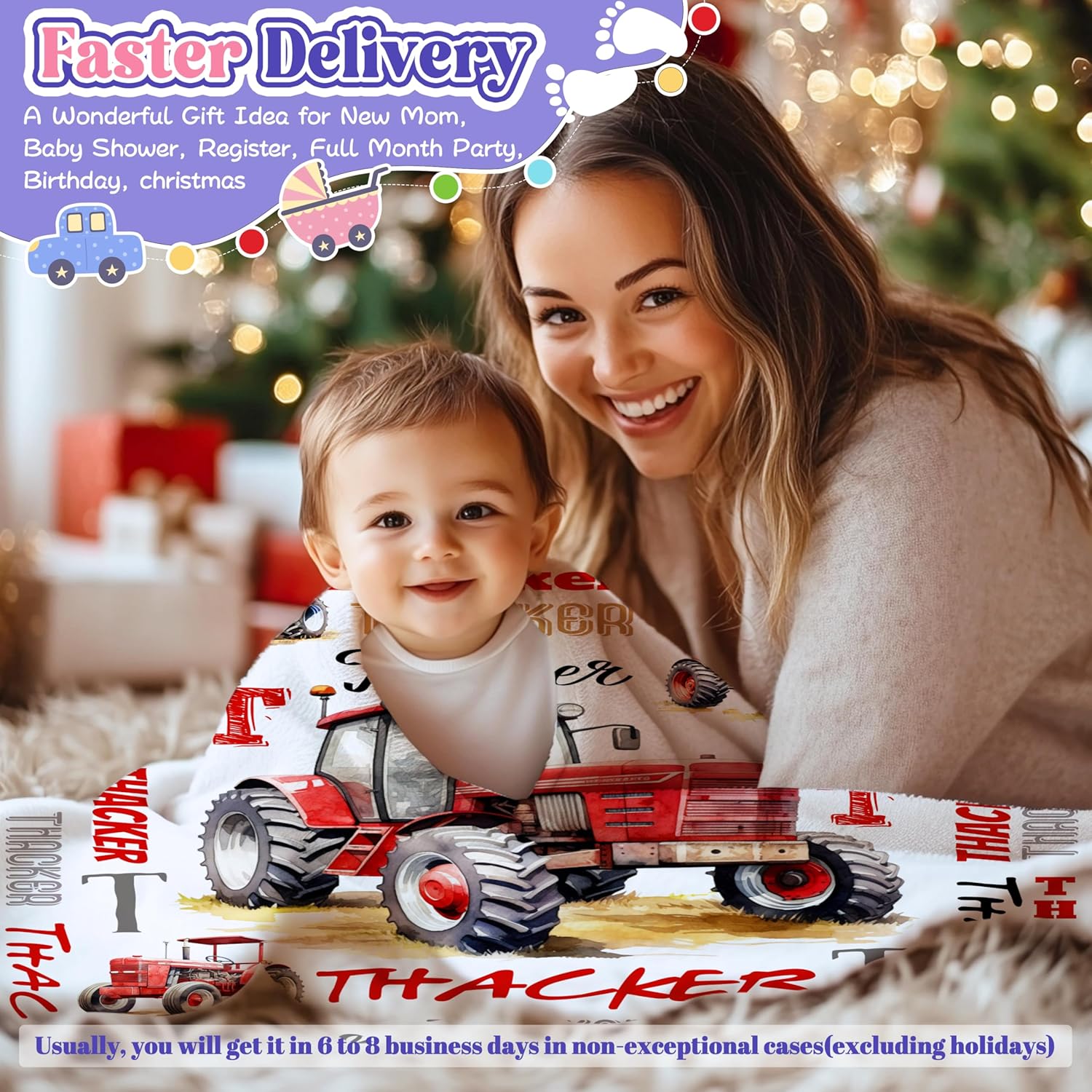 Personalized Red Tractor Truck Blanket with Name Customized Baby Blanket with Name Custom Red Tractor Blanket for Boy Girl Soft Throw for Newborn Infant Toddler Stroller Crib Decor Baby Gift40 x50